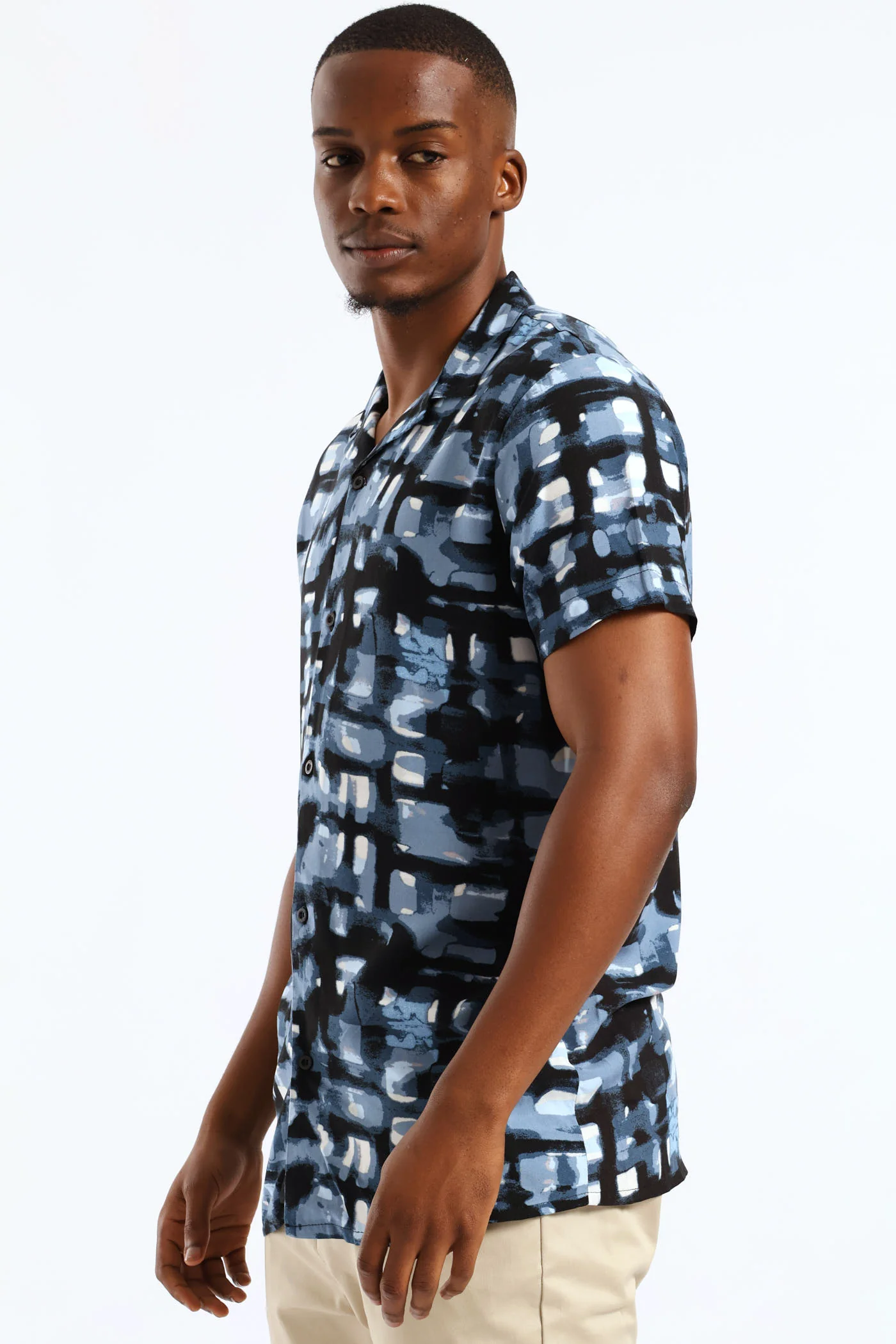 Geometric Watercolour Viscose Shirt - Blue - Image 3