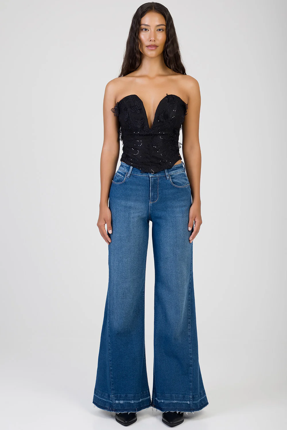 Gia Mid Waist Cropped Wide Leg Denim With Thick Hem - Dark Wash - Image 2