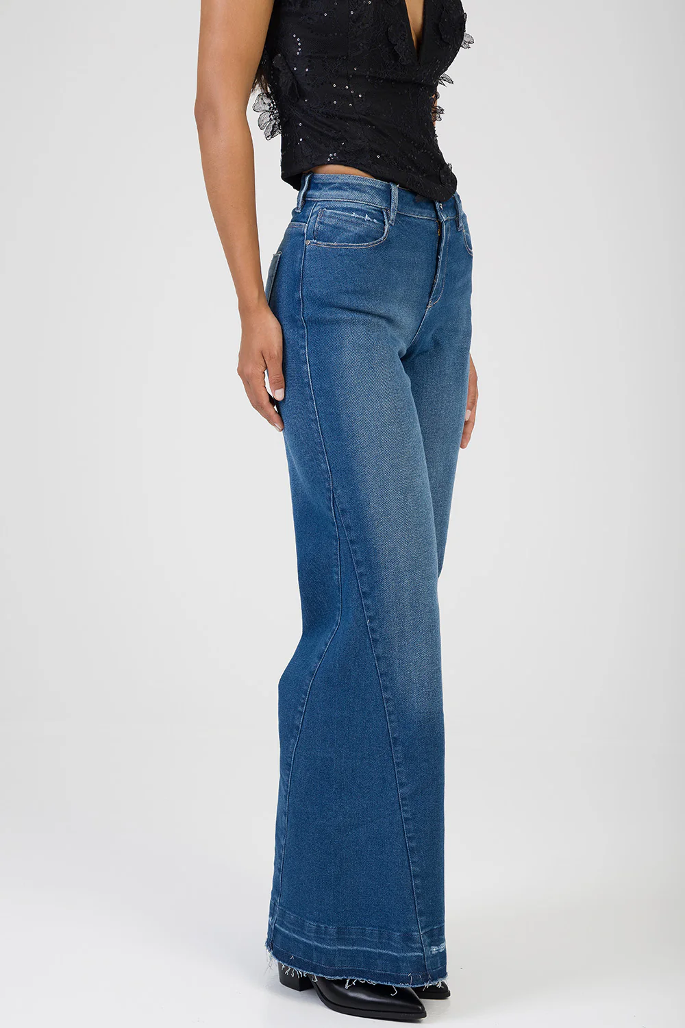 Gia Mid Waist Cropped Wide Leg Denim With Thick Hem - Dark Wash - Image 5