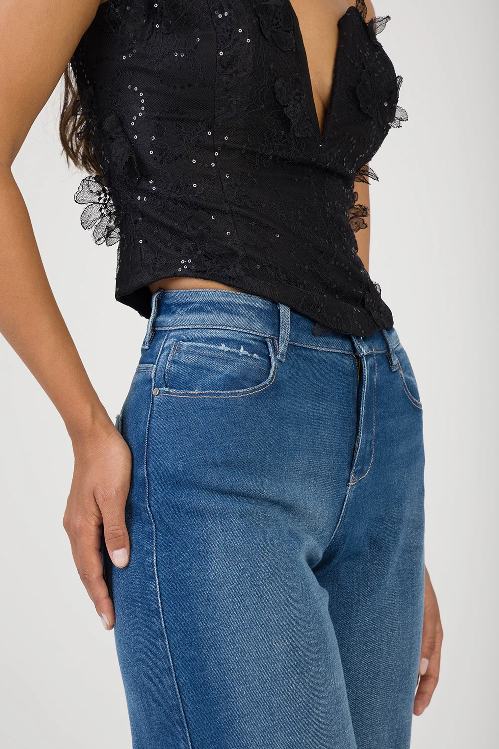 Gia Mid Waist Cropped Wide Leg Denim With Thick Hem - Dark Wash - Image 7