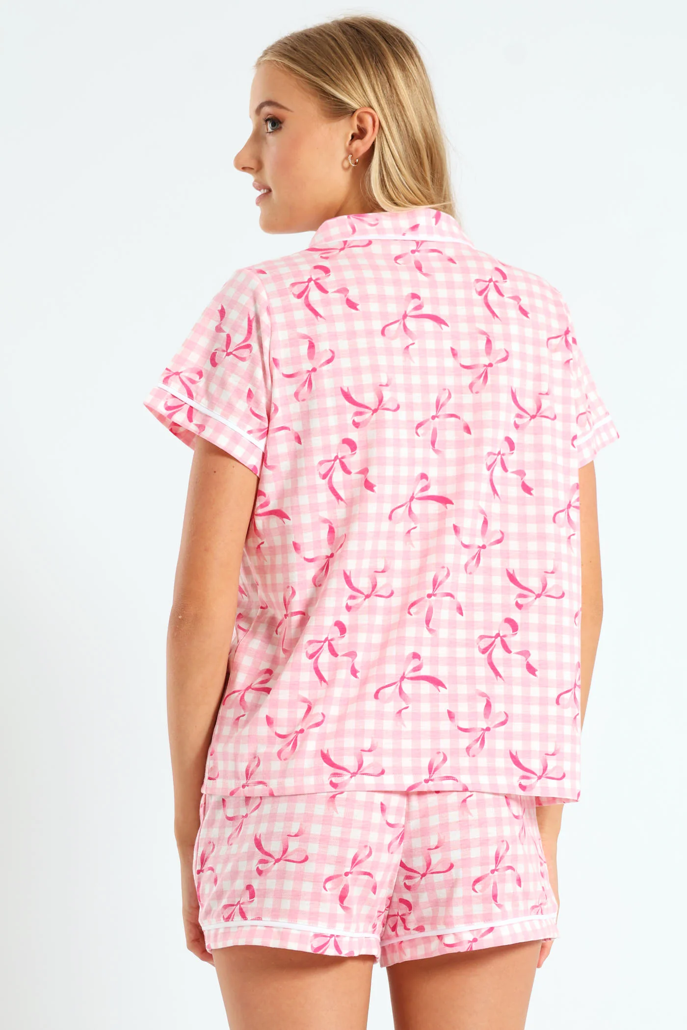 Gingham Bows Button Through & Knit Short Set - White/Pink - Image 3