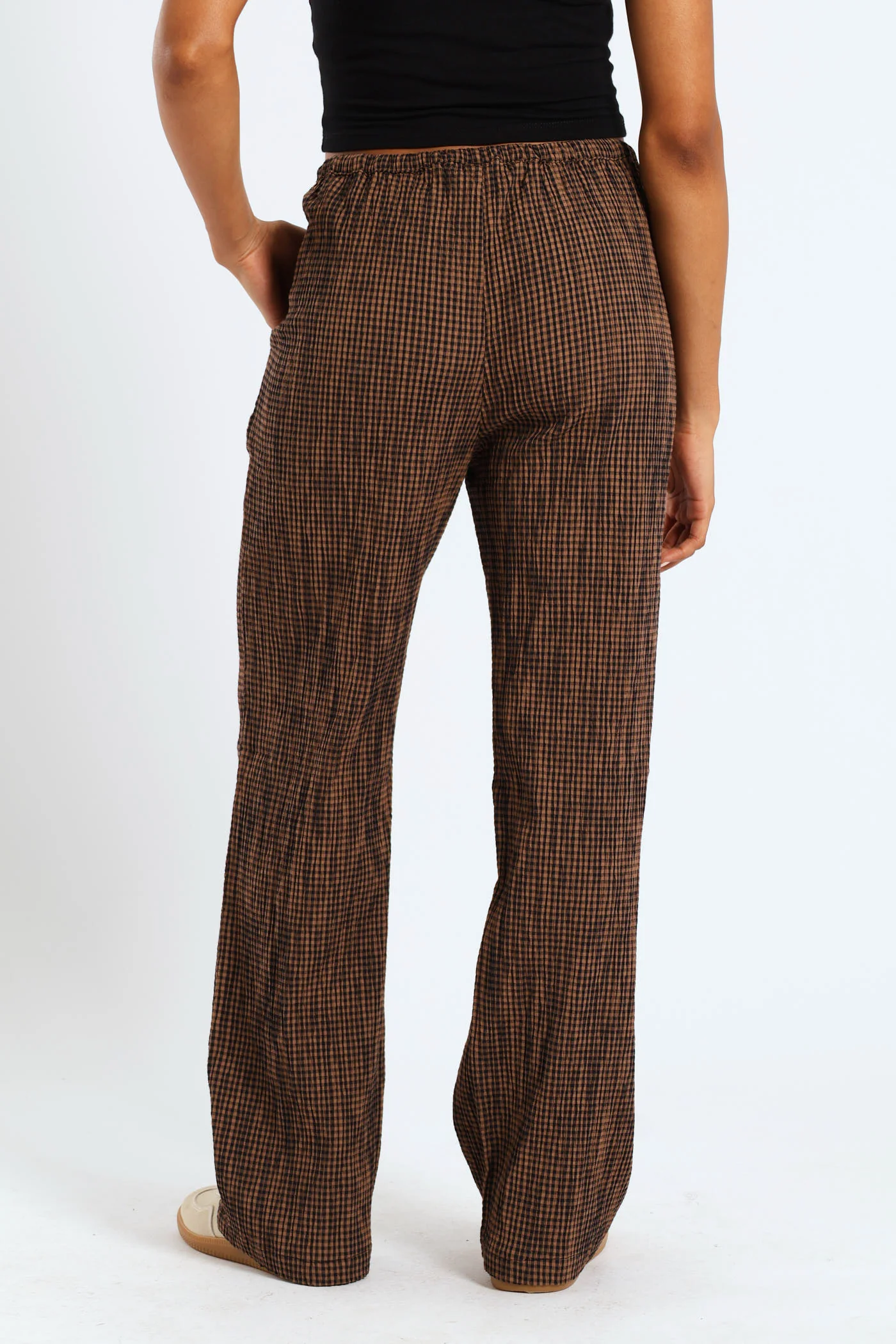 Gingham Check Elastic Wide Leg Pants - Chocolate - Image 2