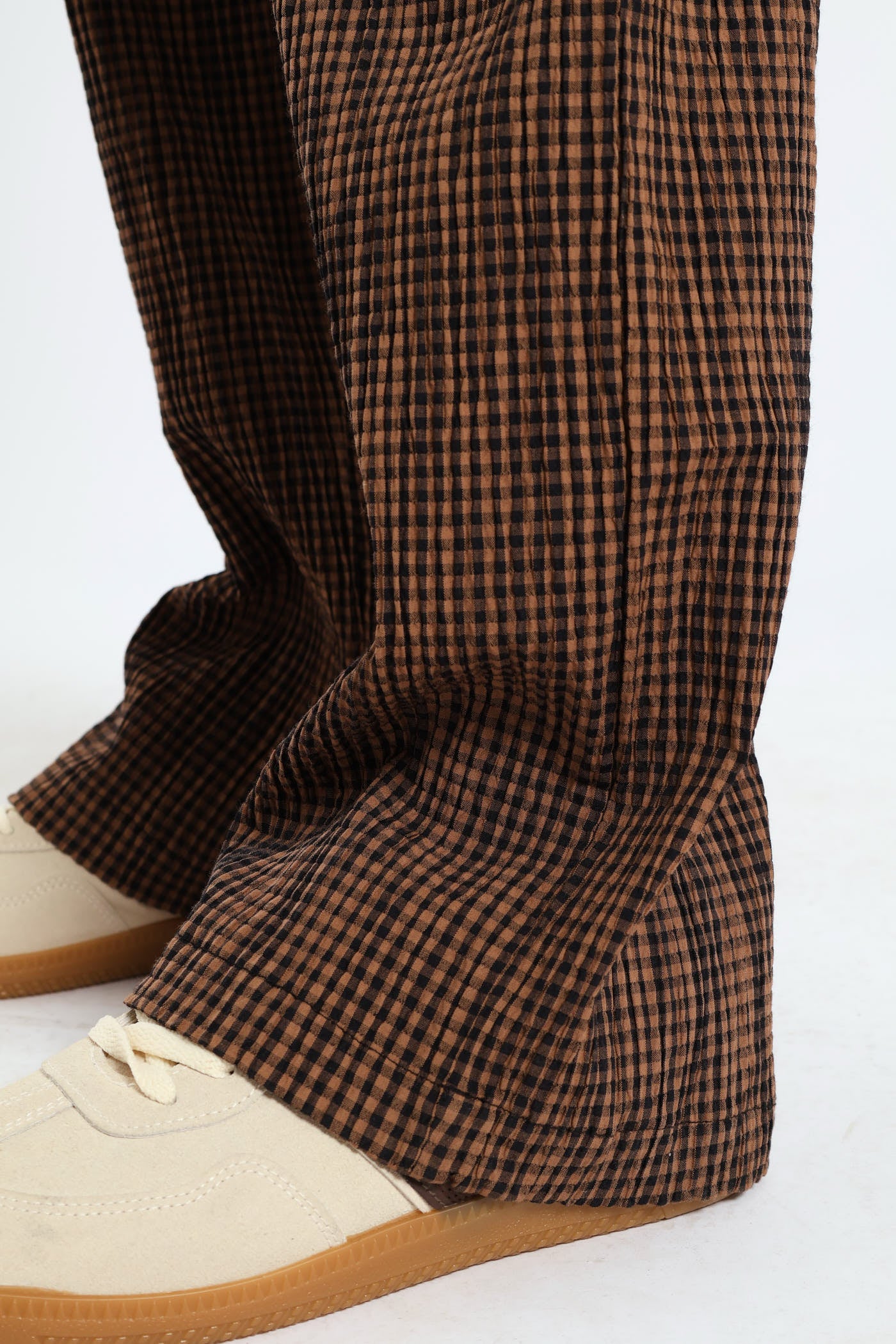 Gingham Check Elastic Wide Leg Pants - Chocolate - Image 4
