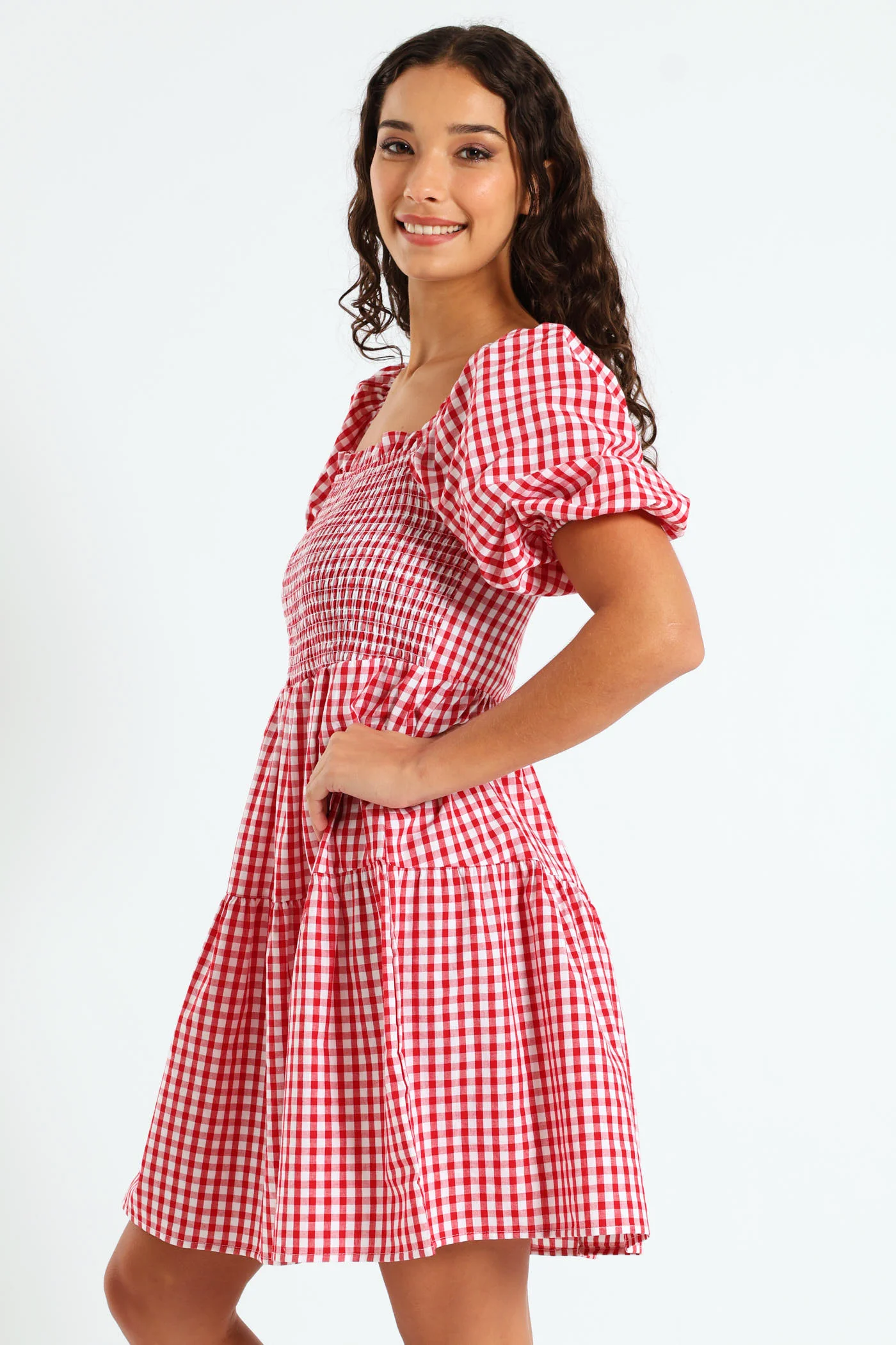 Gingham Puff Sleeve Mini Dress - Red - Image 2