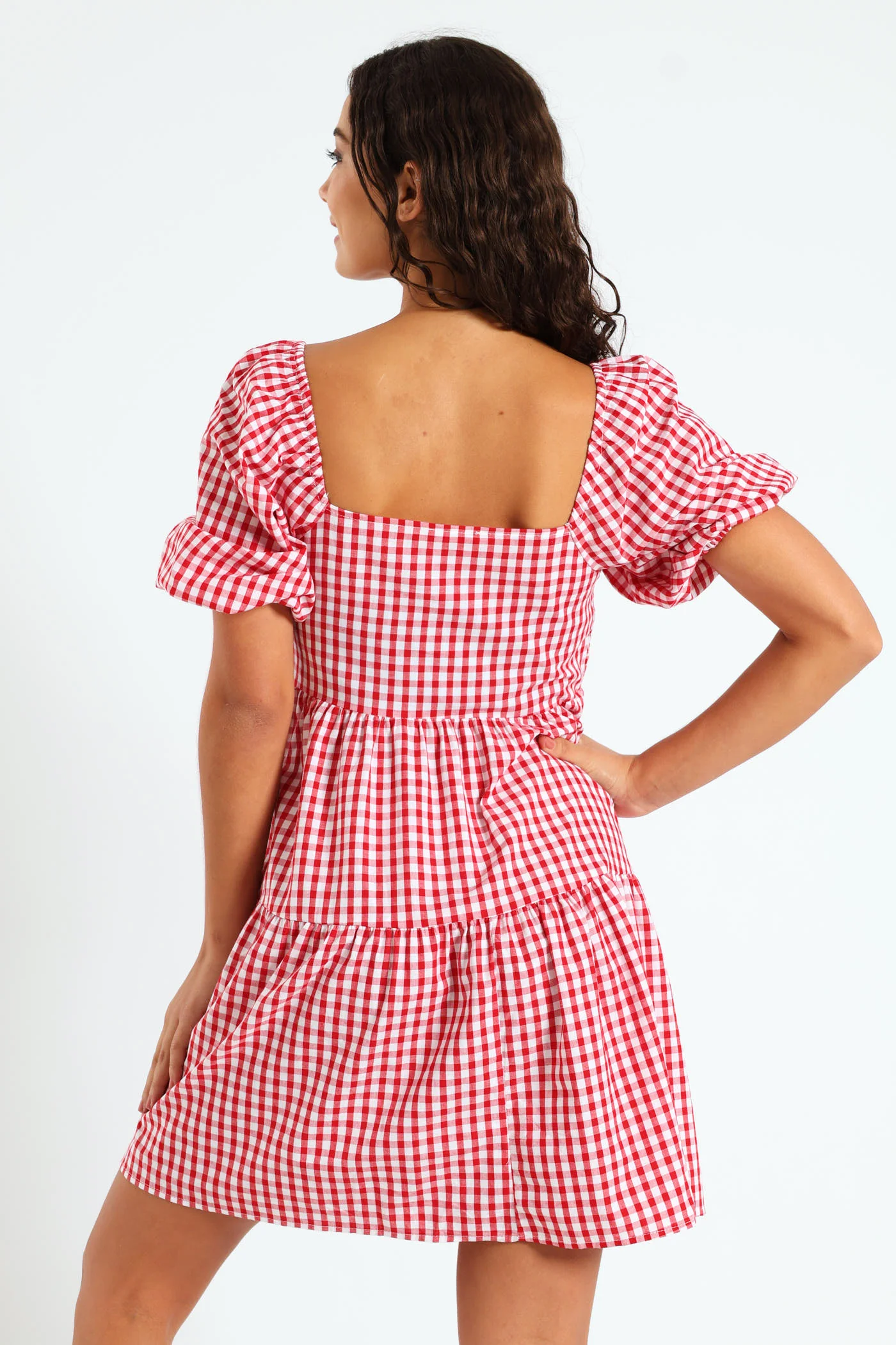 Gingham Puff Sleeve Mini Dress - Red - Image 3