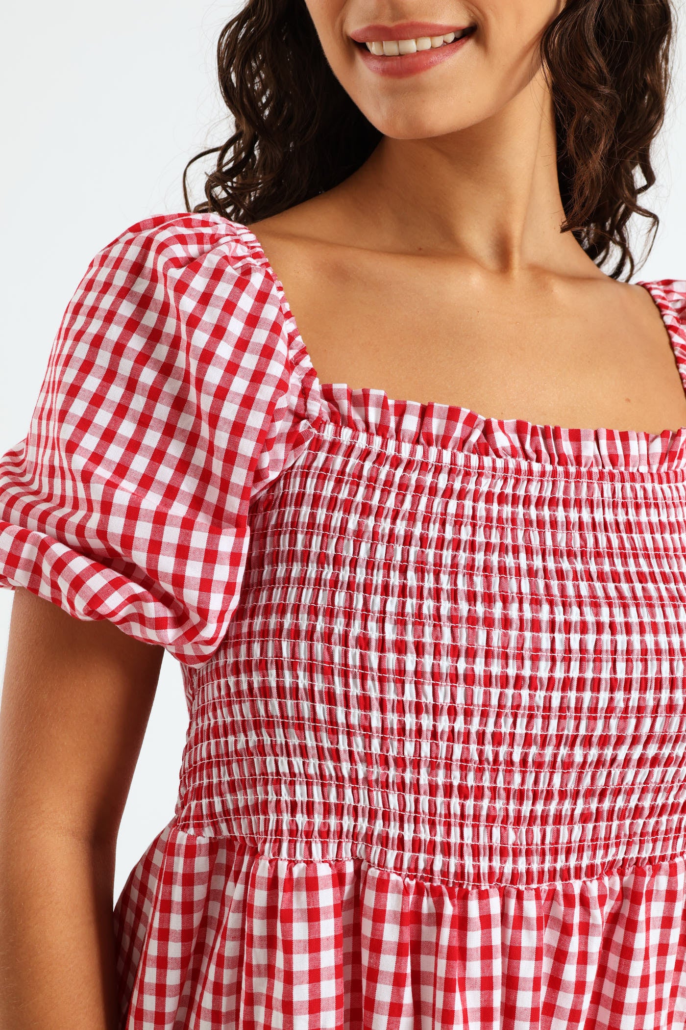 Gingham Puff Sleeve Mini Dress - Red - Image 4