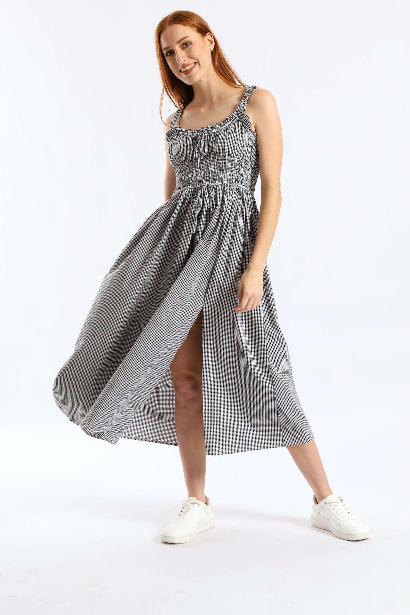 Gingham Strappy Tie Front Midi Dress - Black/White - Image 4