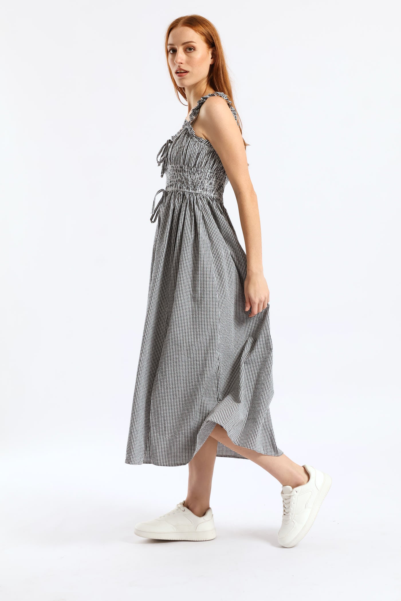 Gingham Strappy Tie Front Midi Dress - Black/White - Image 5