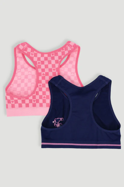 Girls 2 Pack Seamless Check Racerback Bras - Navy - Image 2