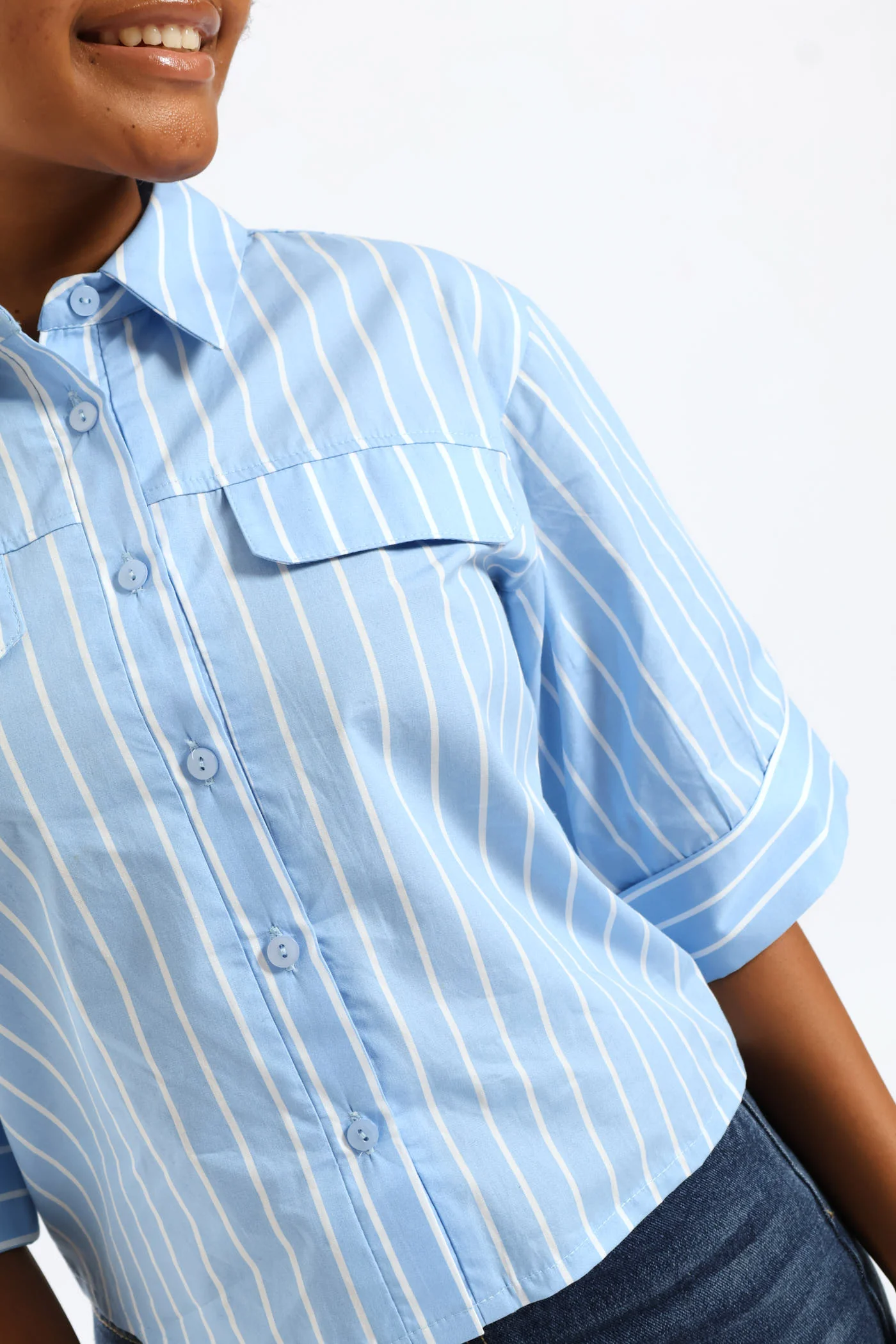 Girls 3/4 Sleeve Boxy Shirt - White/Blue - Image 2