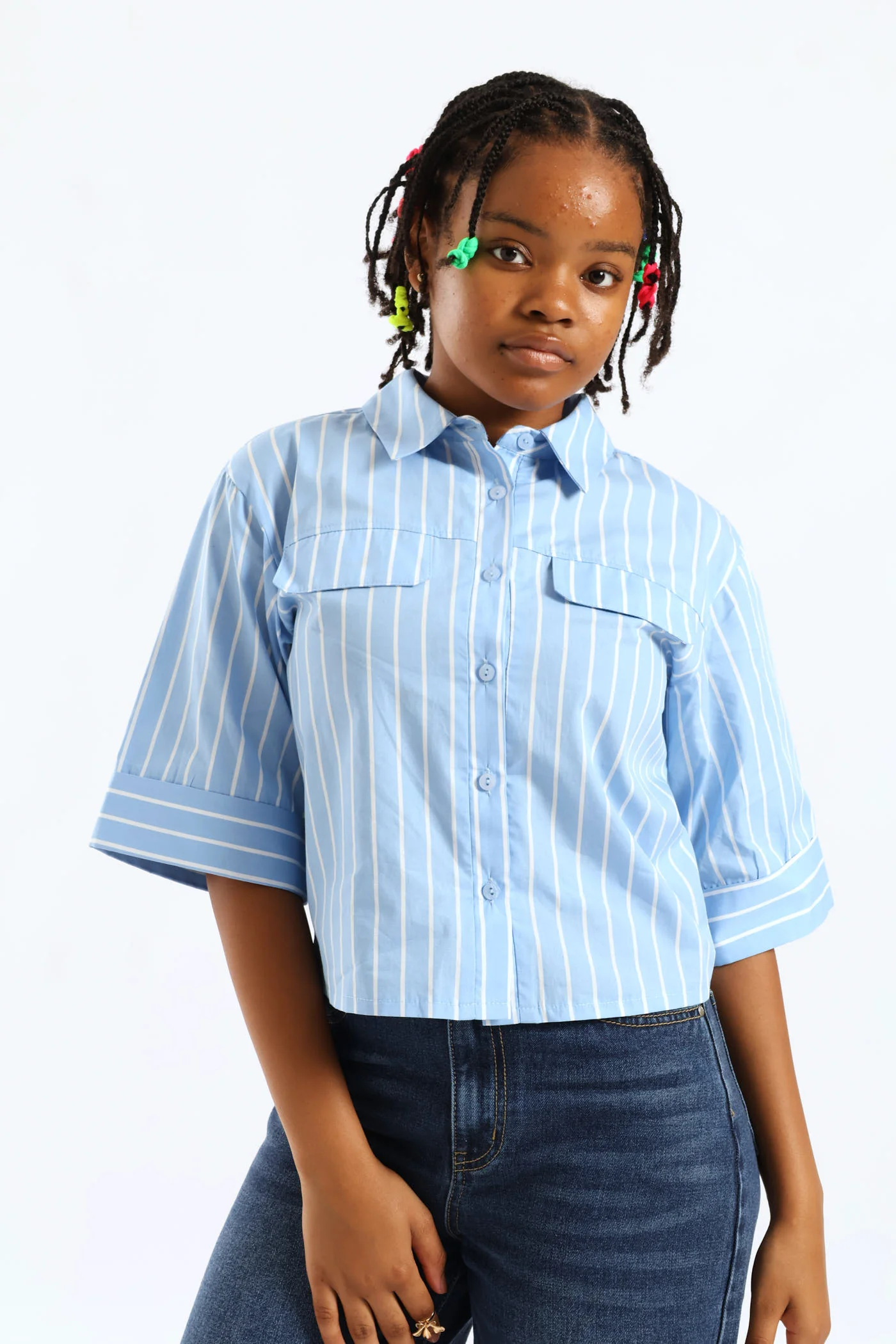 Girls 3/4 Sleeve Boxy Shirt - White/Blue - Image 3