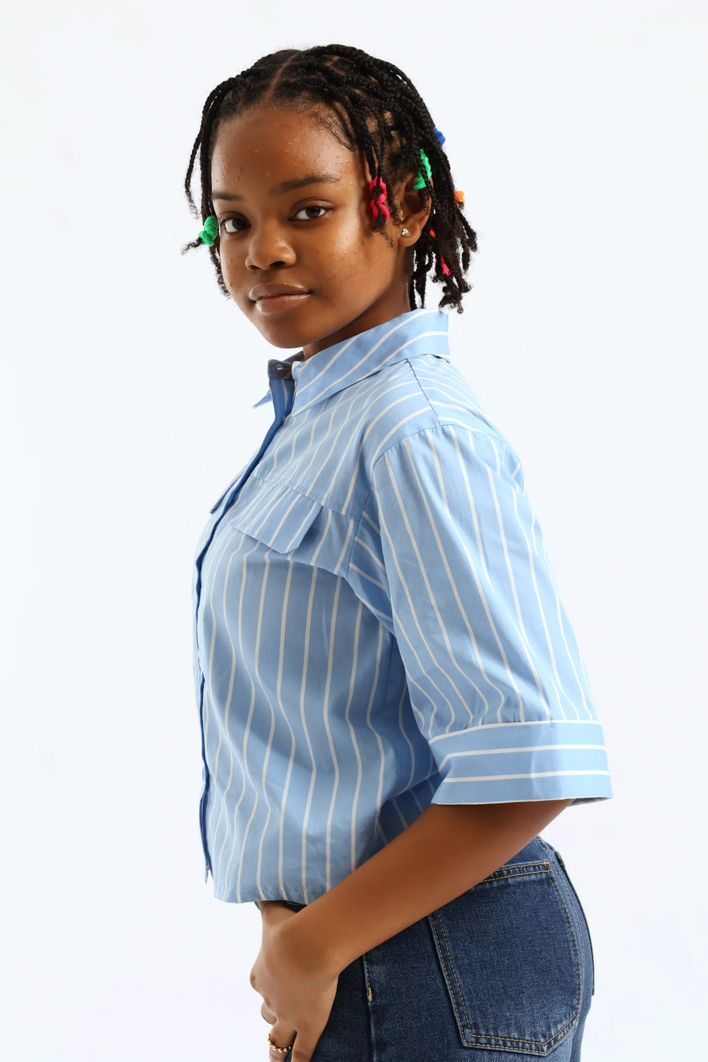 Girls 3/4 Sleeve Boxy Shirt - White/Blue - Image 4
