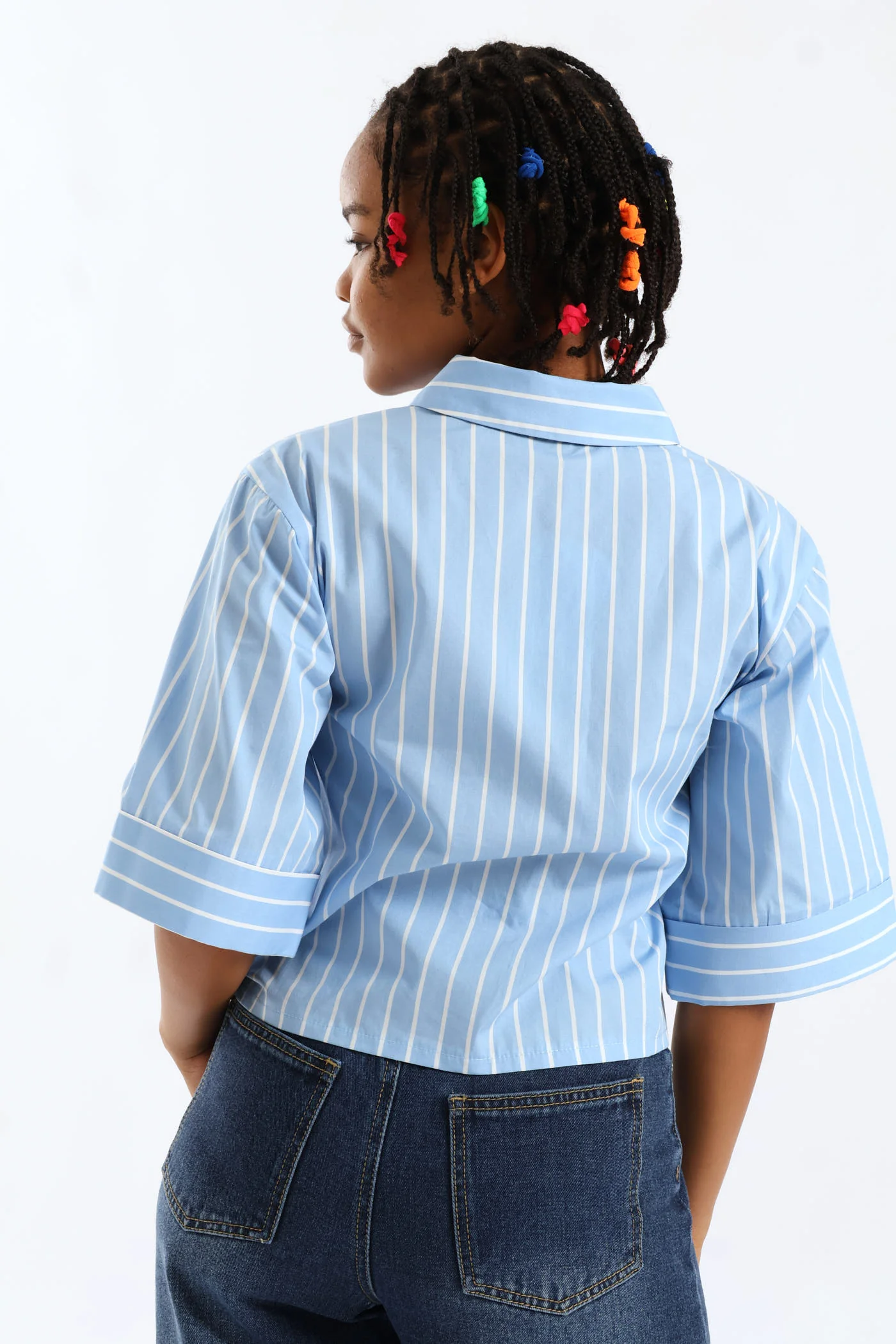 Girls 3/4 Sleeve Boxy Shirt - White/Blue - Image 5