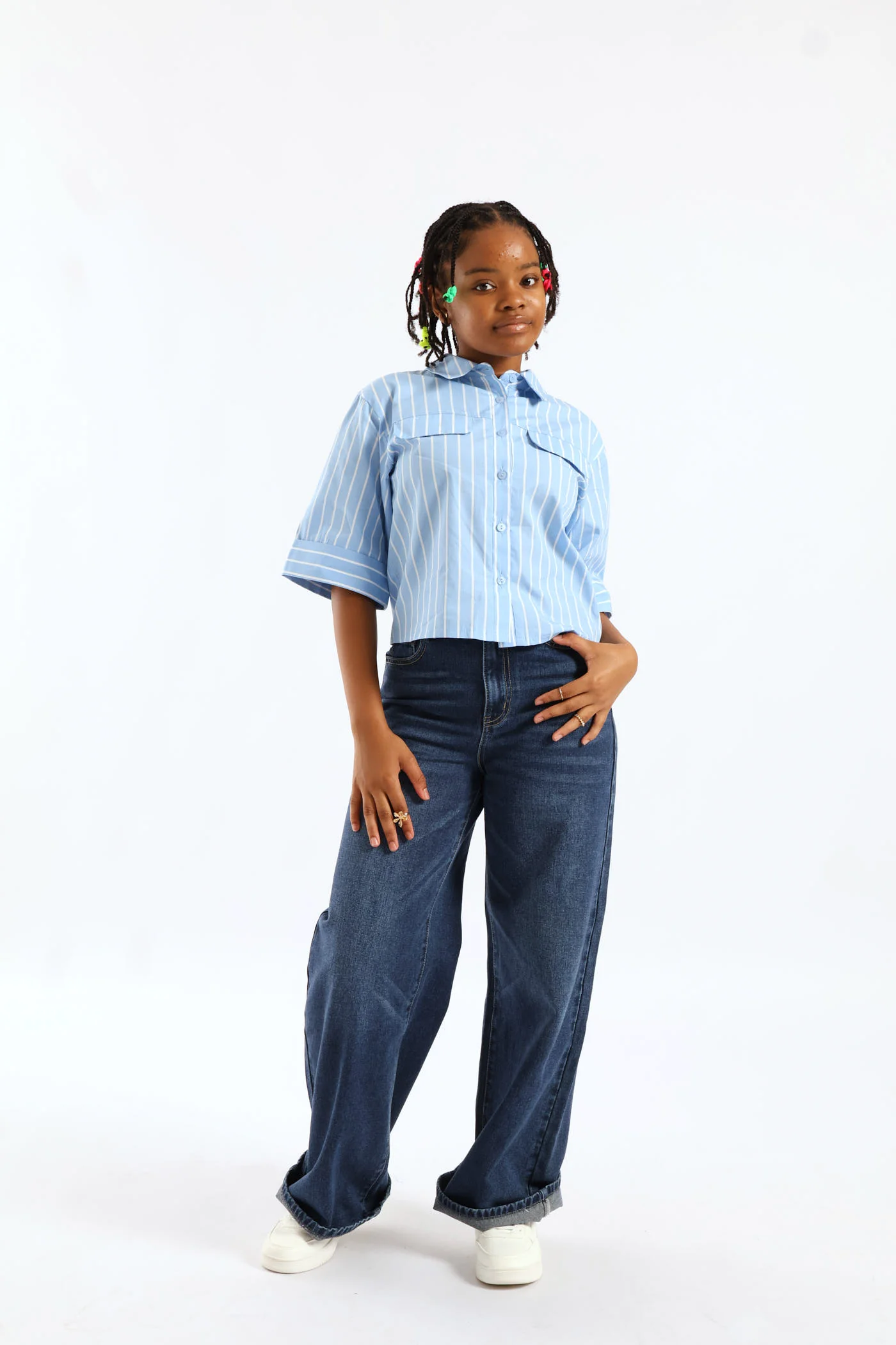 Girls 3/4 Sleeve Boxy Shirt - White/Blue - Image 6
