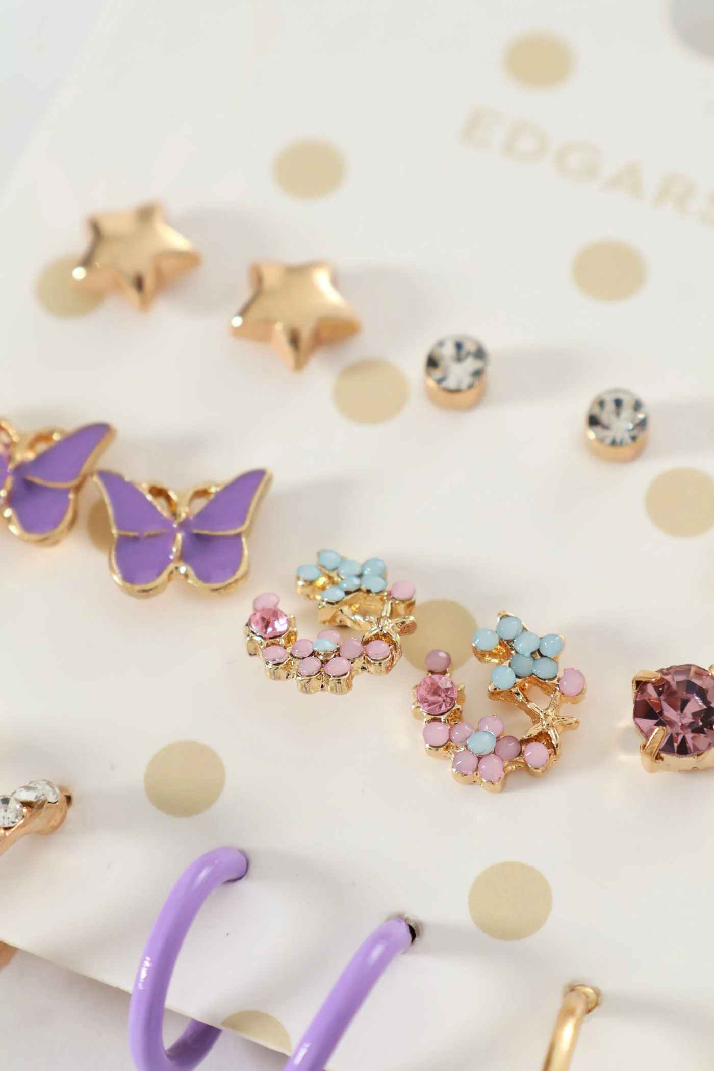 Girls 9 Pack Butterfly Earrings - Lilac - Image 2