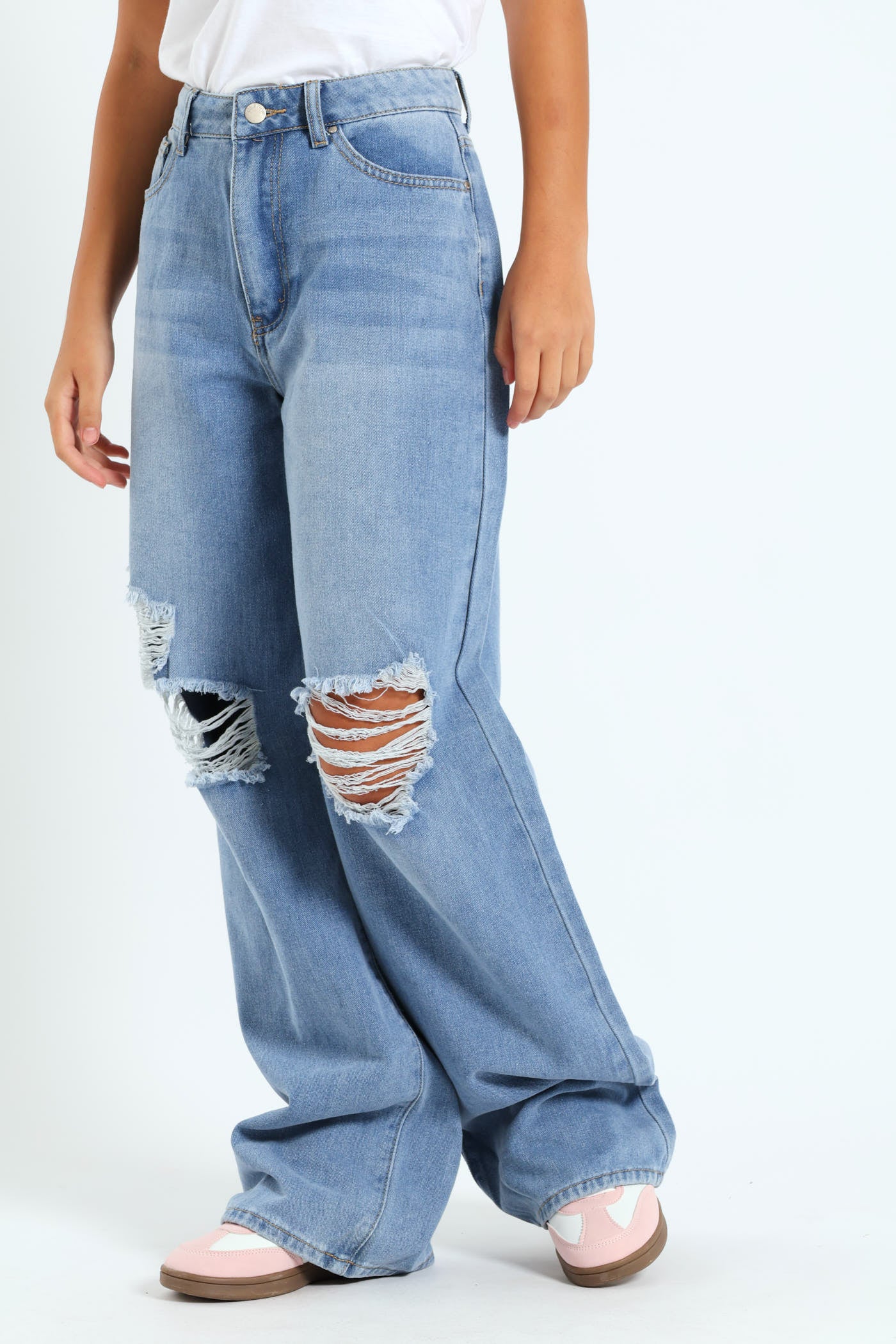 Girls Abrased Wide Leg Rigid Denim - Light Blue - Image 3