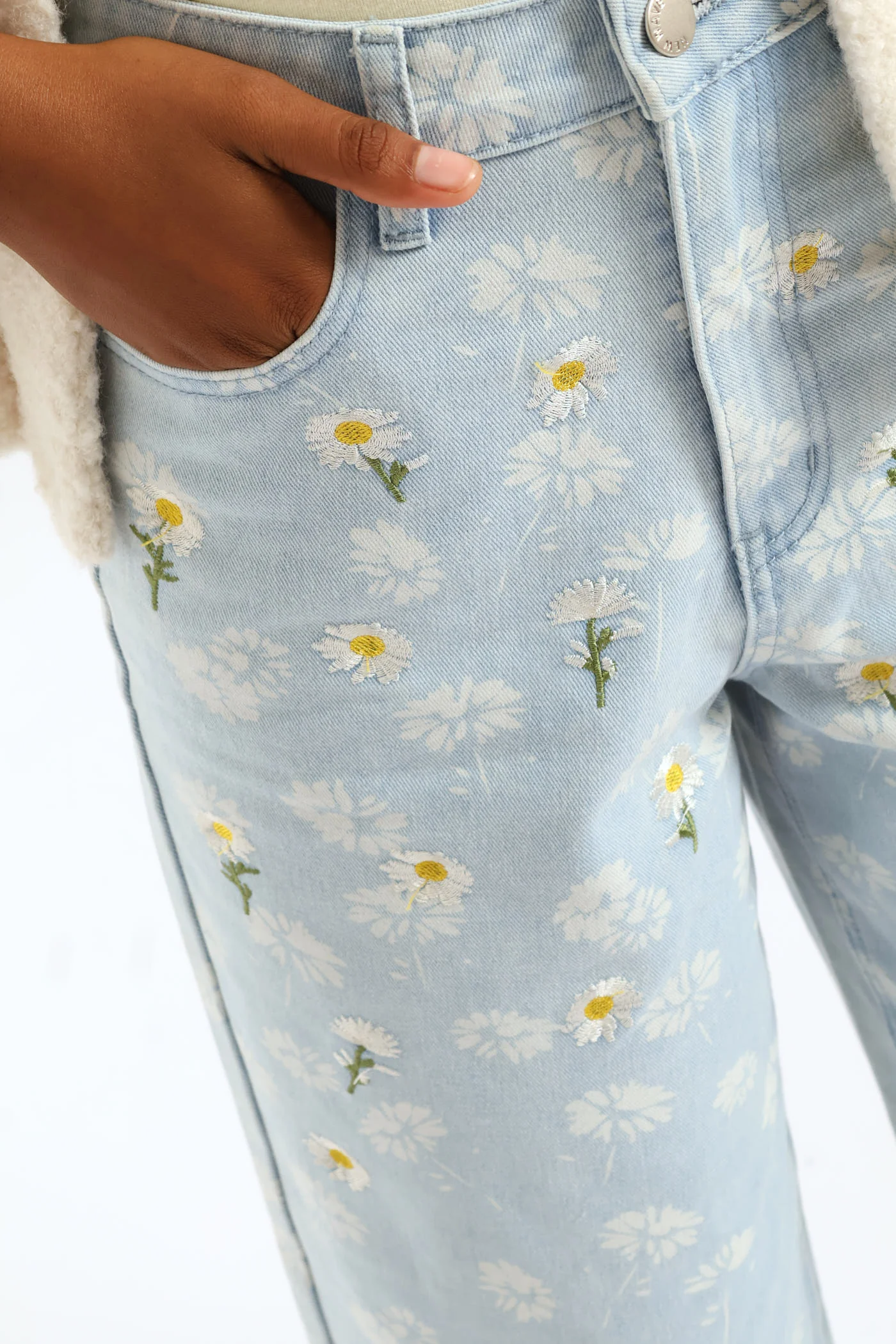Girls Acid Wash & Embroidered Detail Daisy Wideleg Denim - Light Blue - Image 2