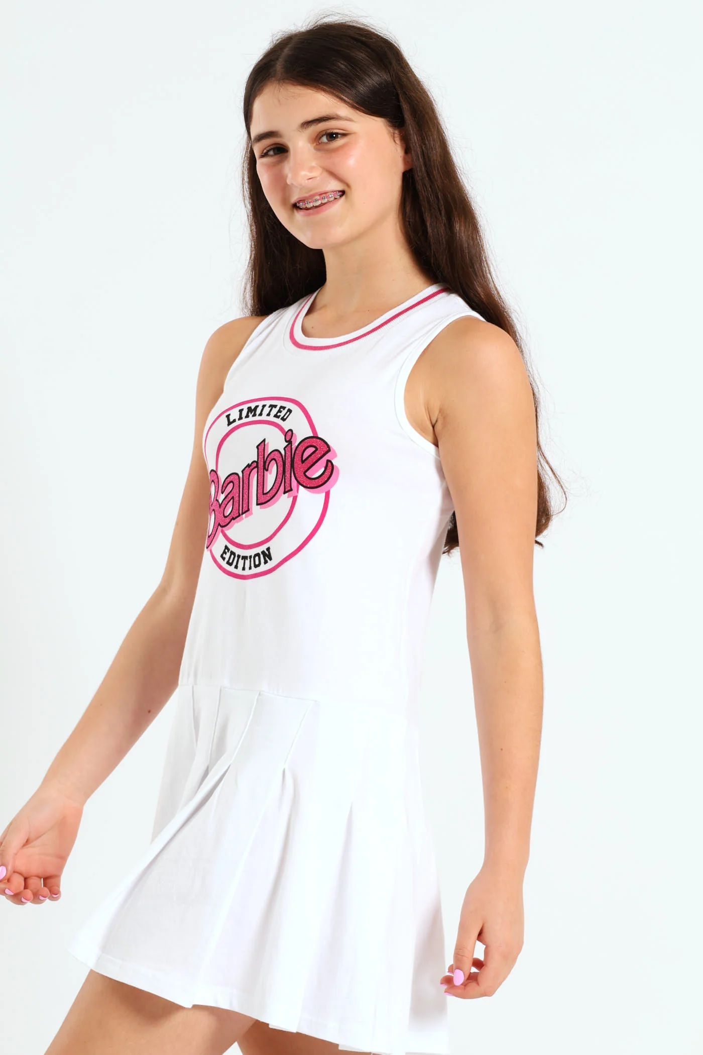 Girls Barbie Pleated Dress - White - Image 3