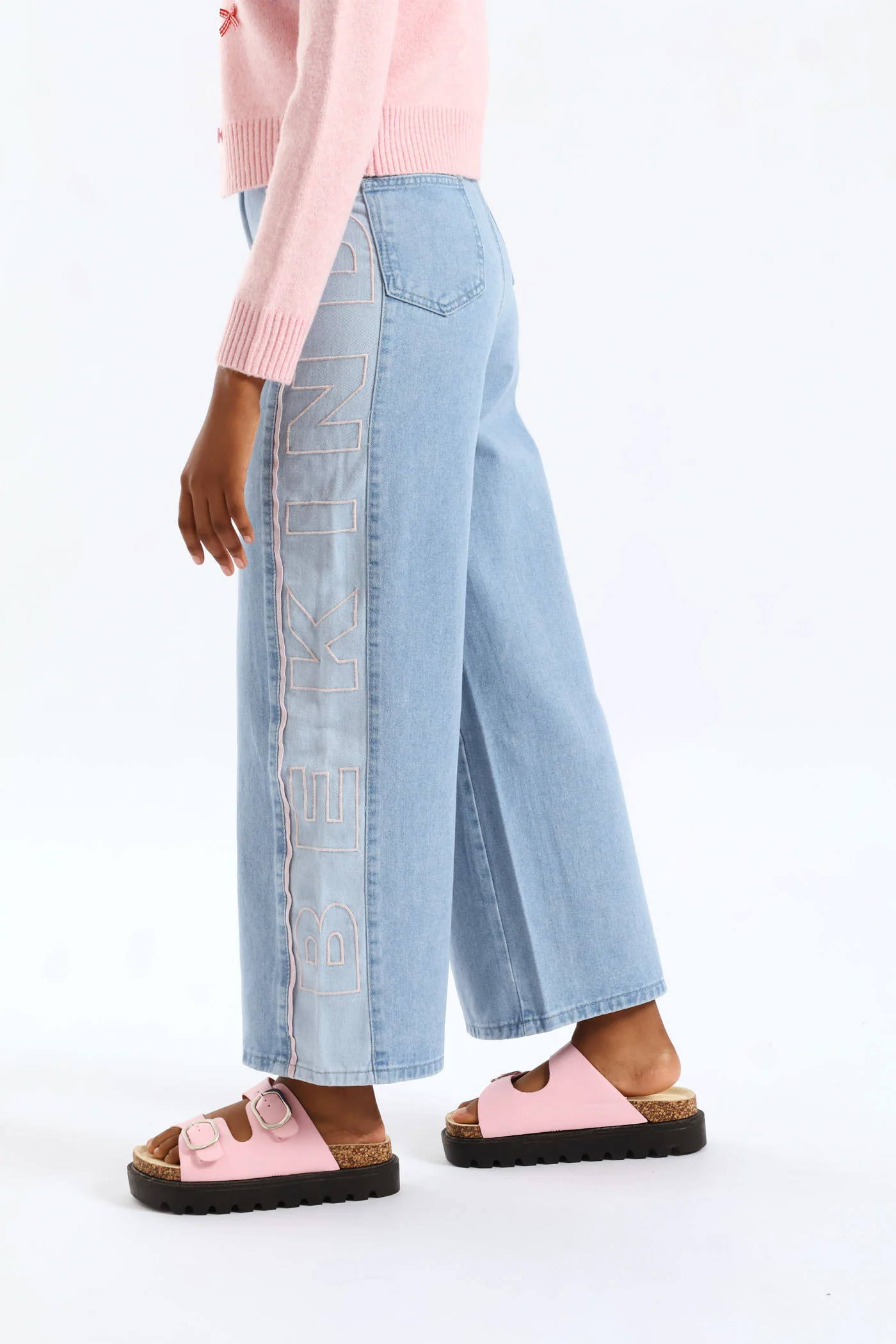 Girls Be Kind Contrast Wide Leg Fashion Denim - Mid Blue - Image 3