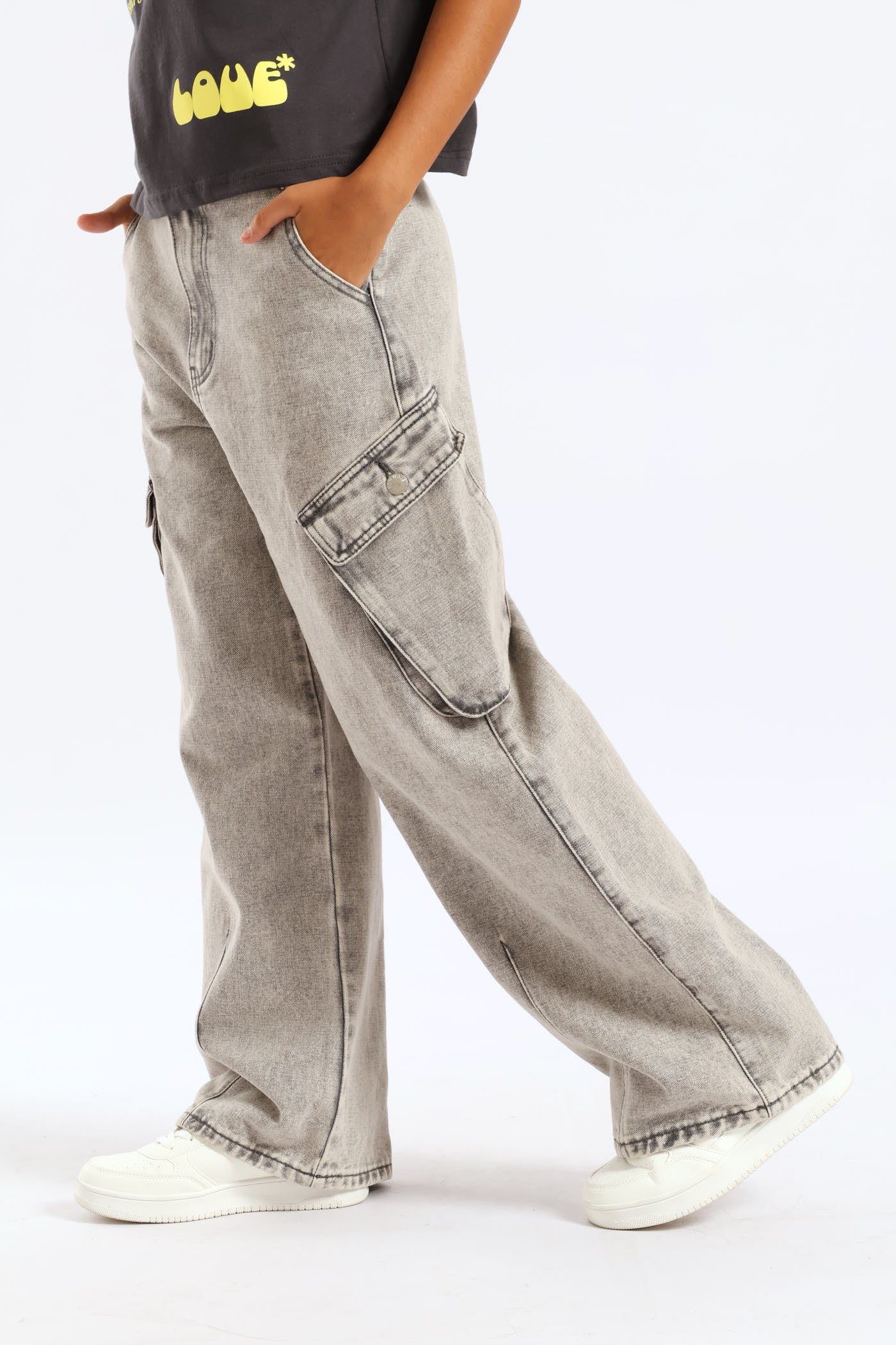 Girls Bellow Pocket Cargo Cropped Jean - Grey - Image 2