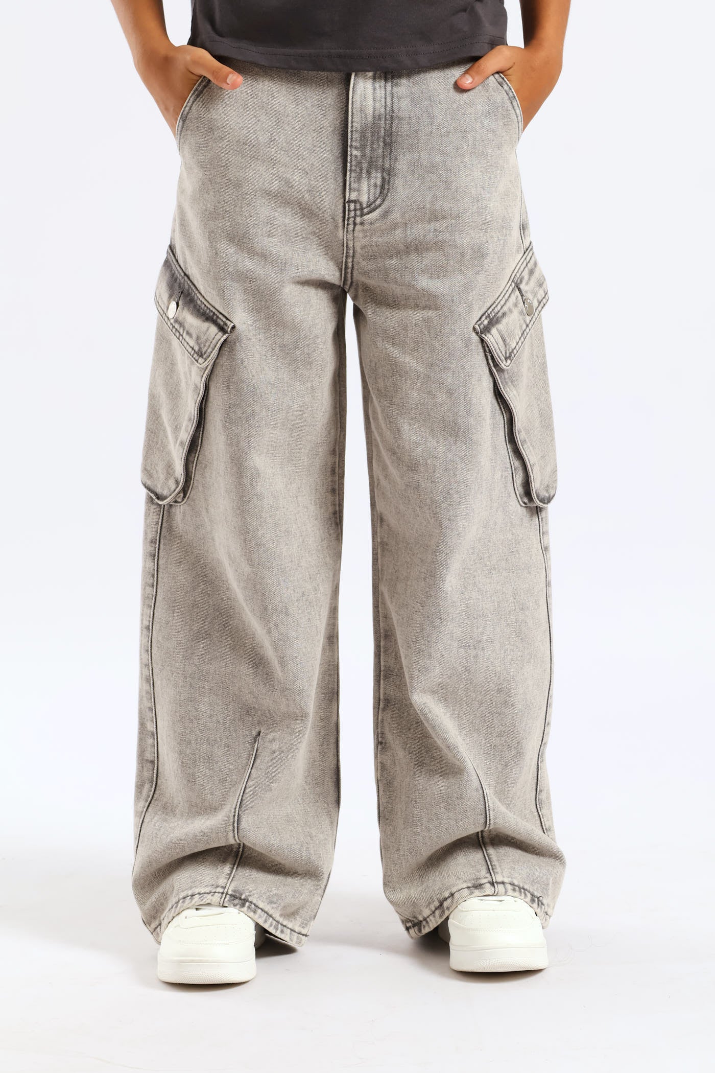 Girls Bellow Pocket Cargo Cropped Jean - Grey - Image 3