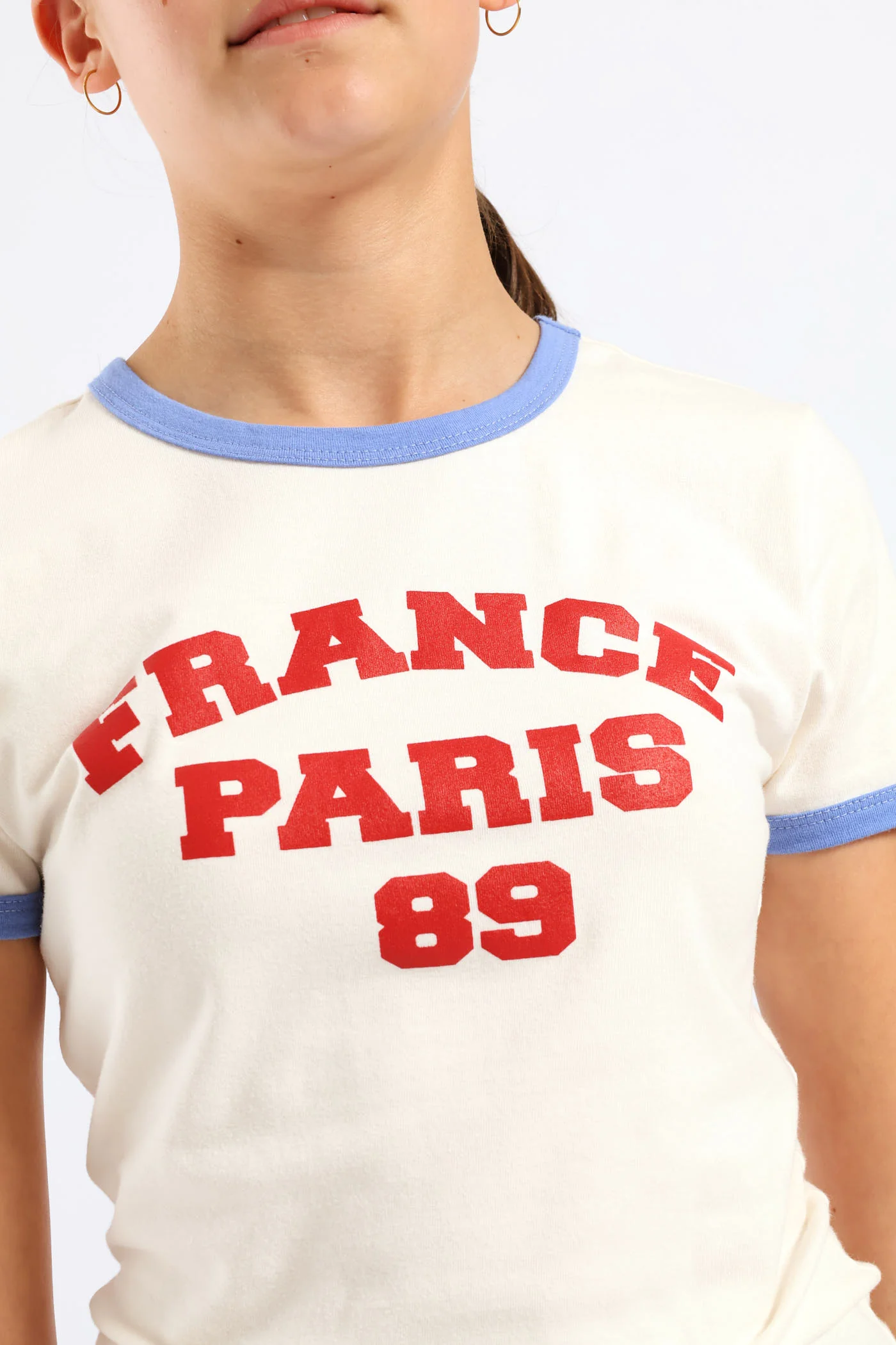 Girls Bind Contrast Ringer Tee - Cream/Blue - Image 2