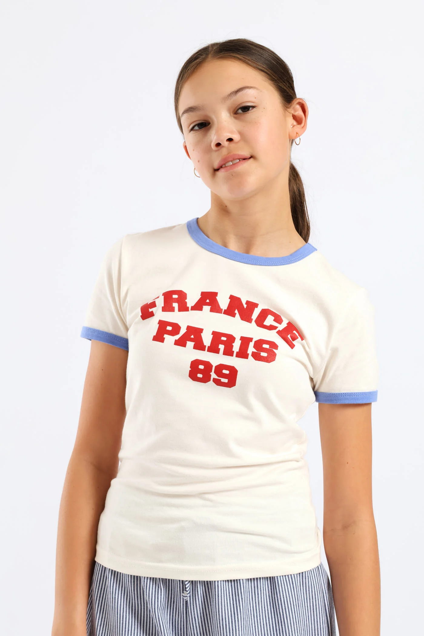 Girls Bind Contrast Ringer Tee - Cream/Blue - Image 3