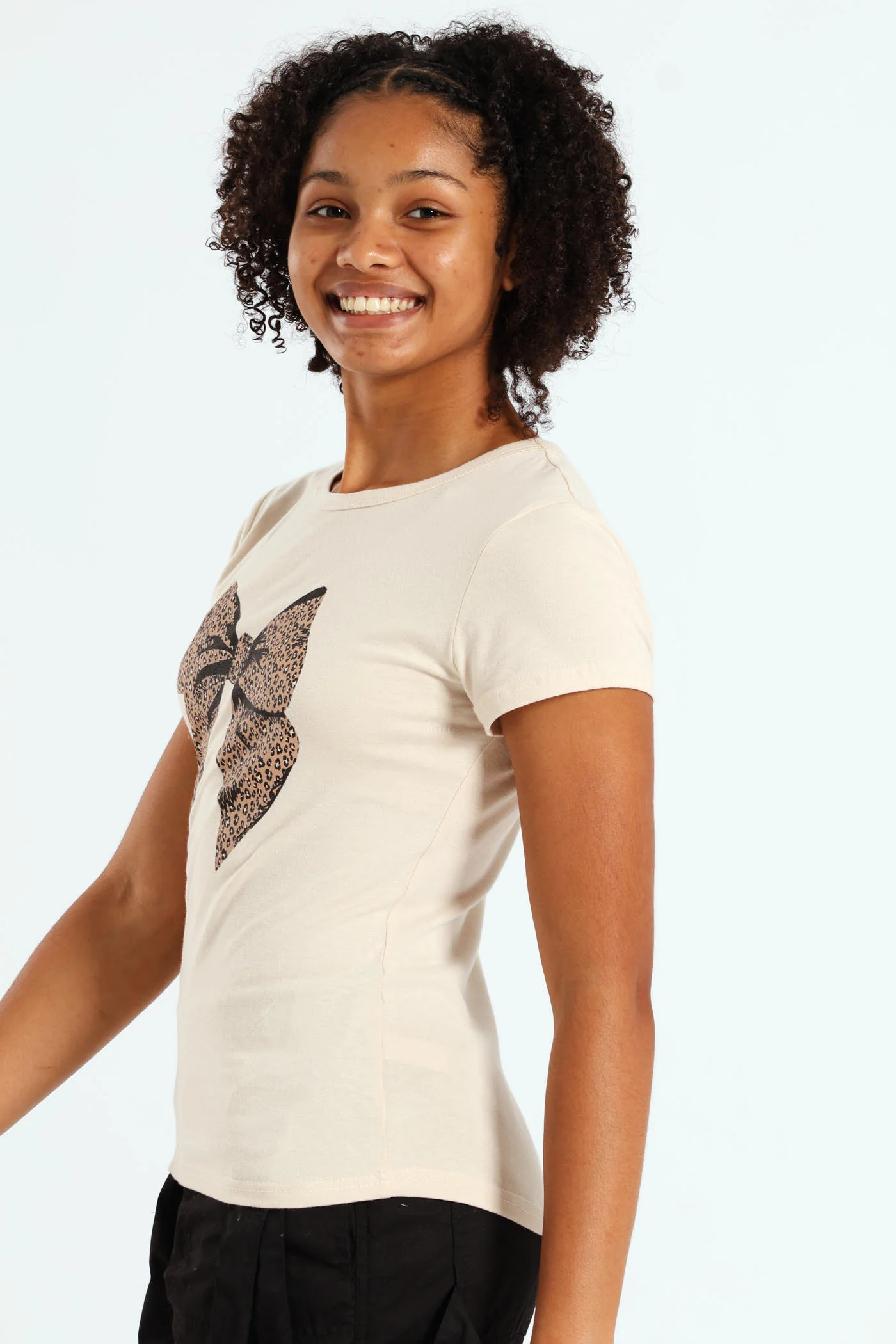 Girls Bow Leo Tee - Stone - Image 2