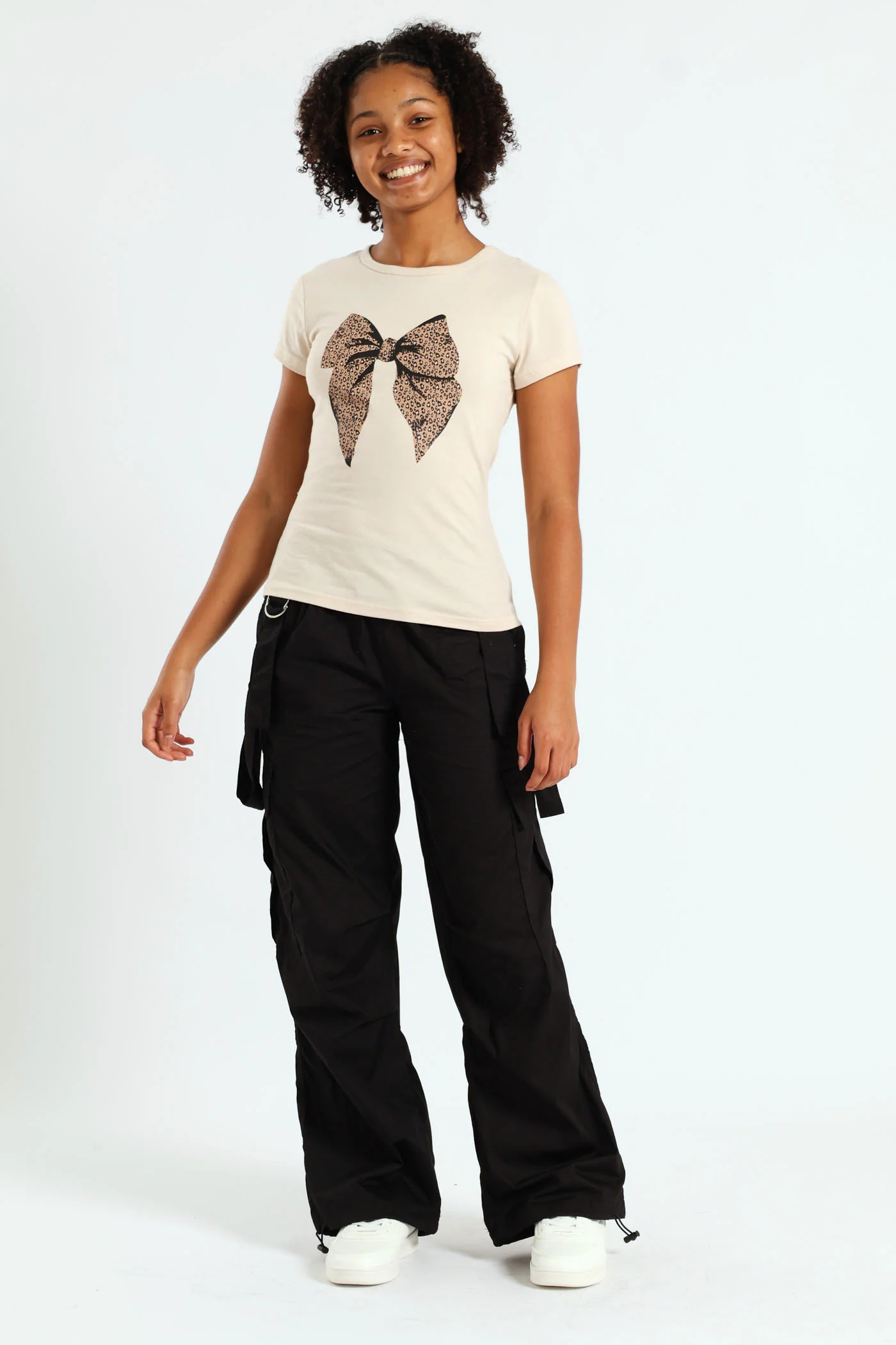 Girls Bow Leo Tee - Stone - Image 4