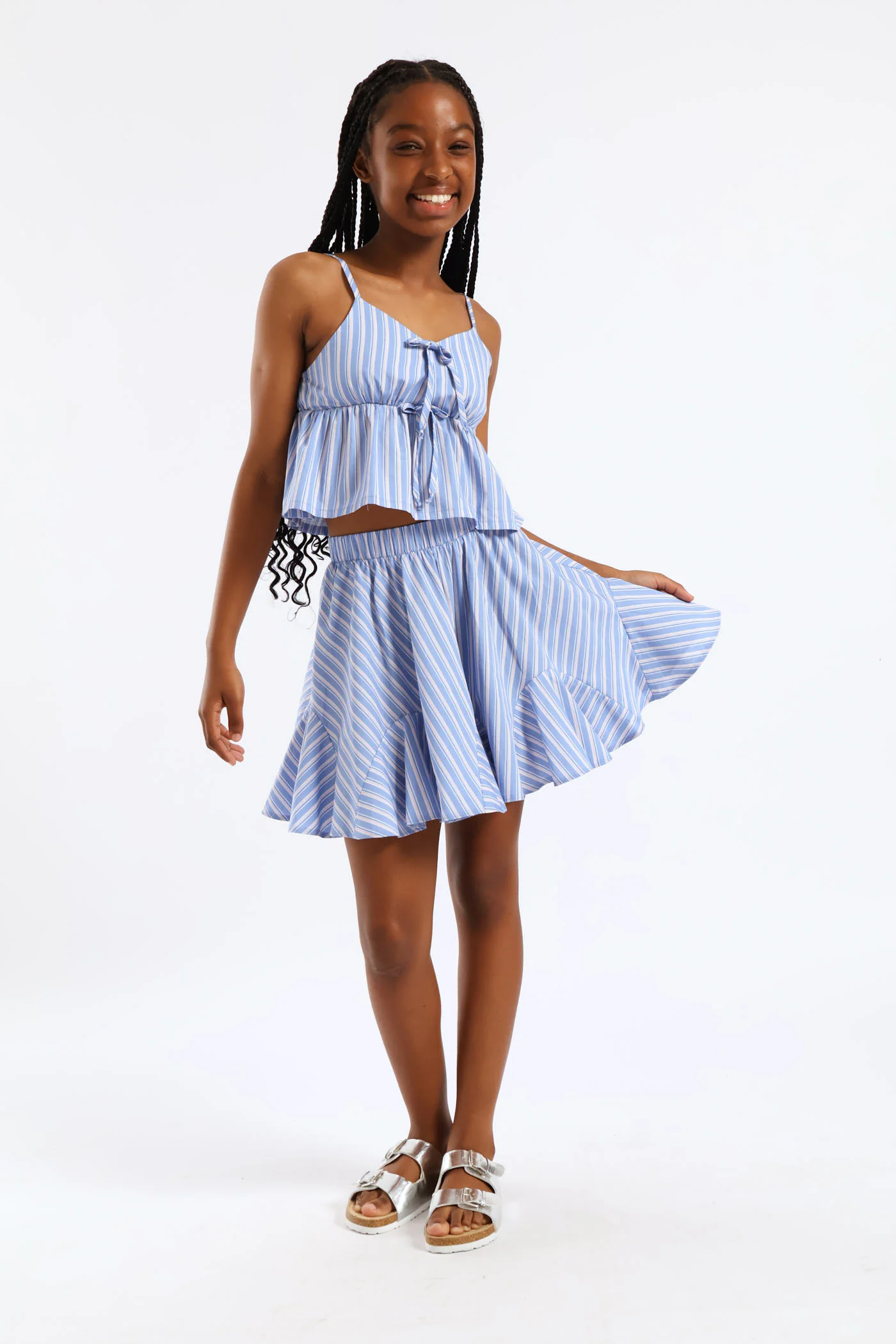 Girls Bow Strappy Peplum Stripe Cami Top - Multi - Image 5