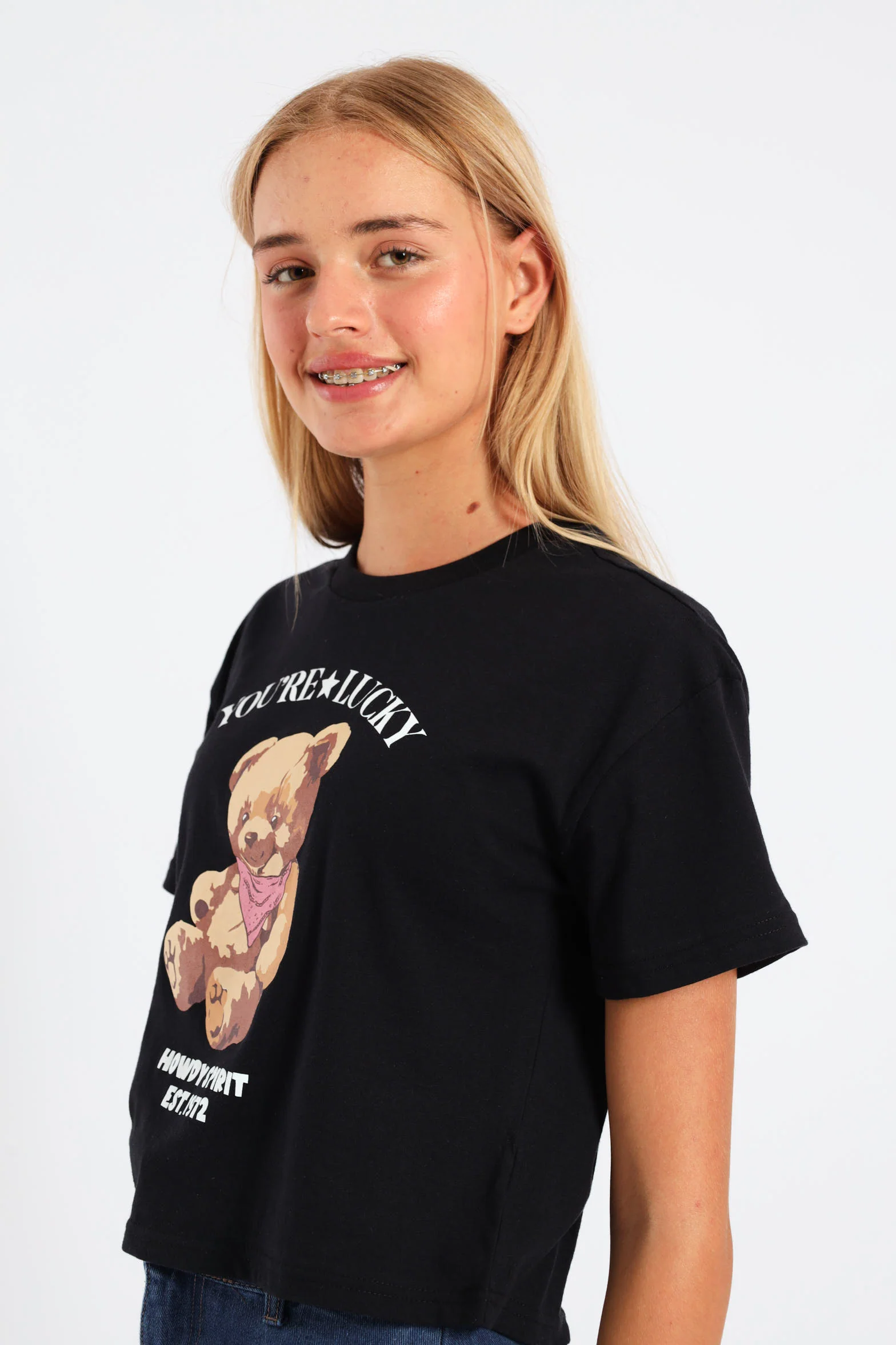 Girls Boxy Teddy Tee - Black - Image 3