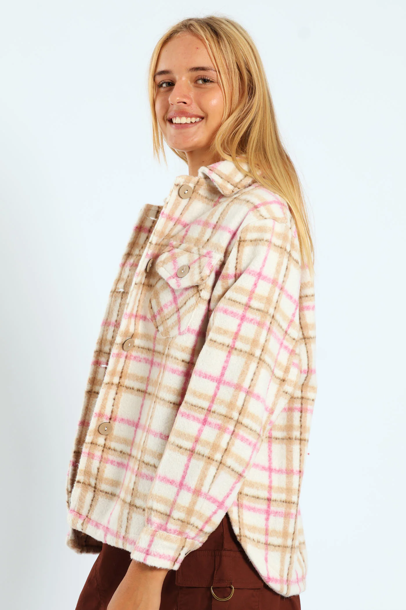 Girls Brushed Check Shacket - Brown - Image 3