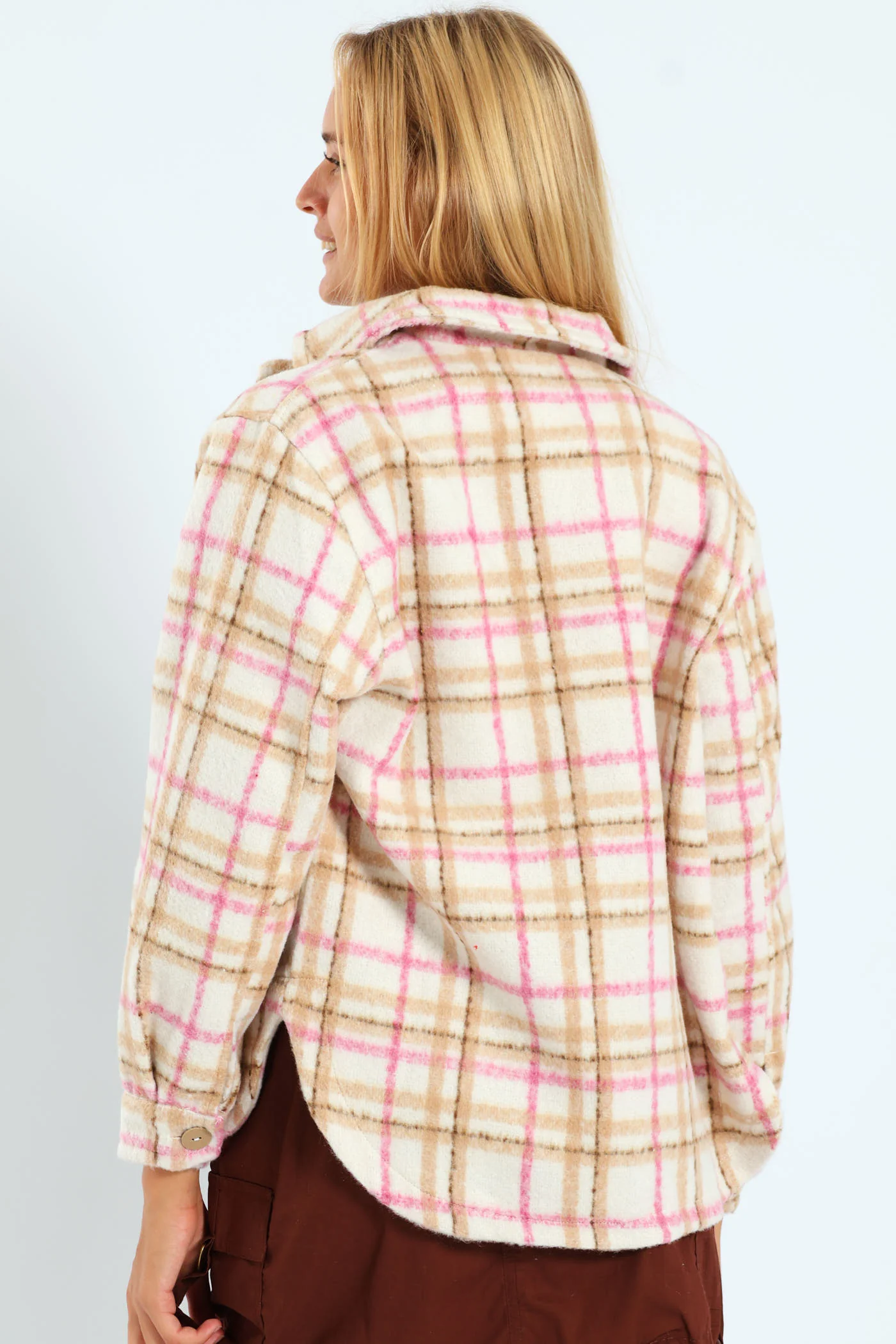 Girls Brushed Check Shacket - Brown - Image 4