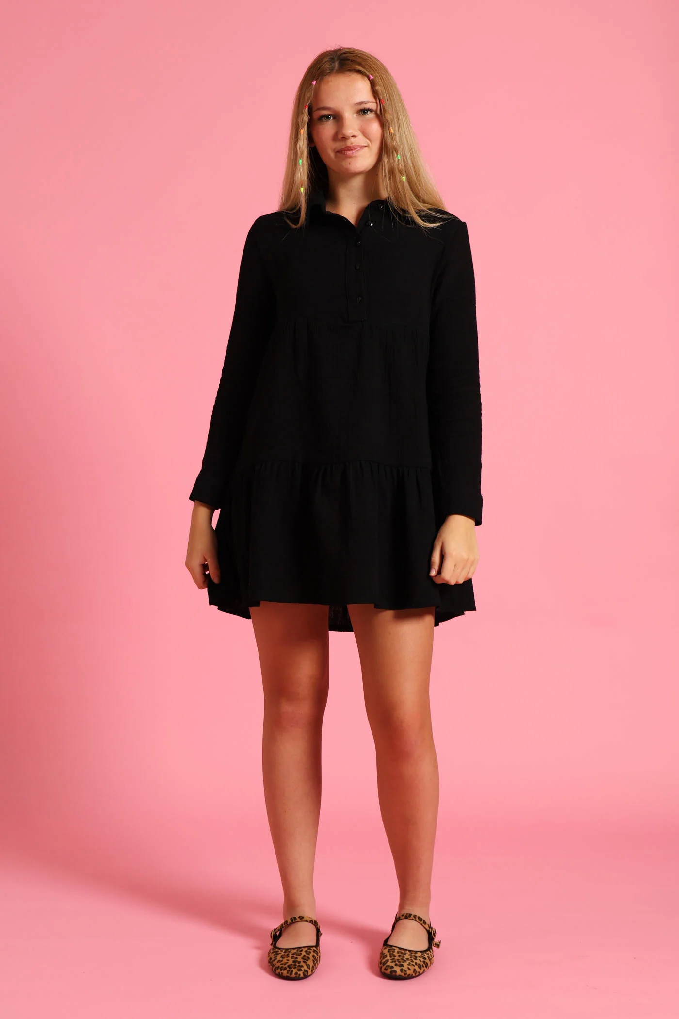 Girls Button Detail Collared Muslin Dress - Black - Image 2