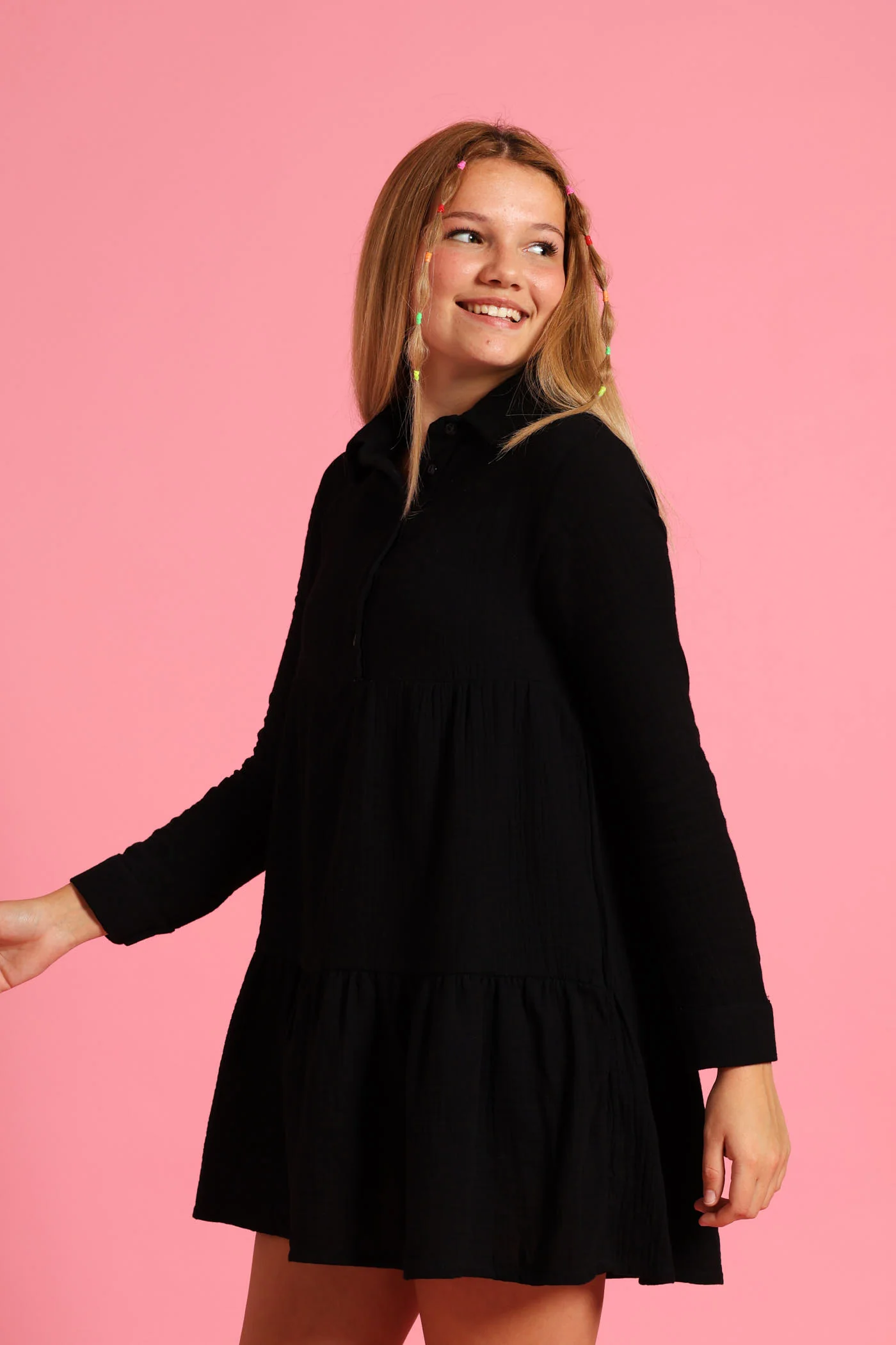 Girls Button Detail Collared Muslin Dress - Black - Image 3
