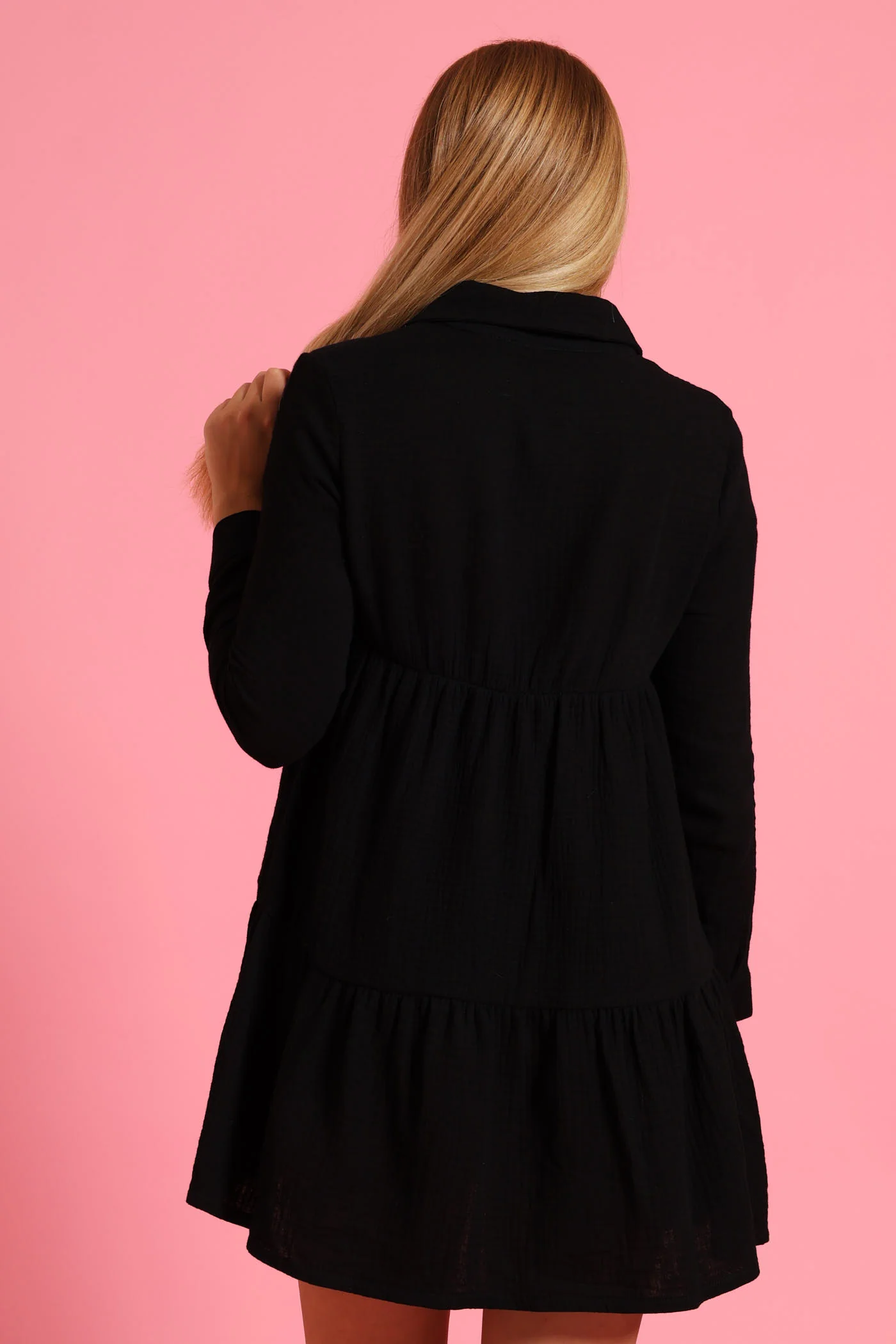 Girls Button Detail Collared Muslin Dress - Black - Image 4