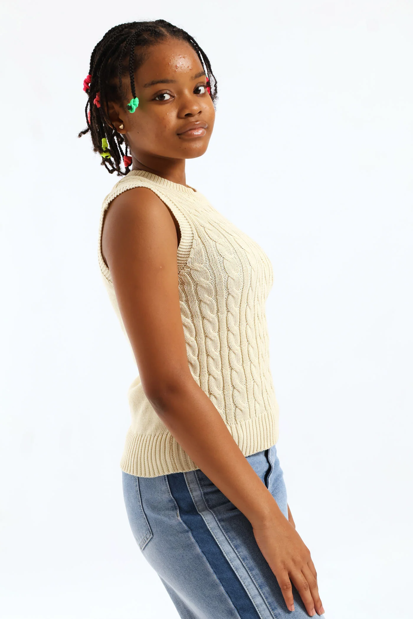 Girls Candy Heart Trim Cable Knitwear Vest - Cream - Image 4