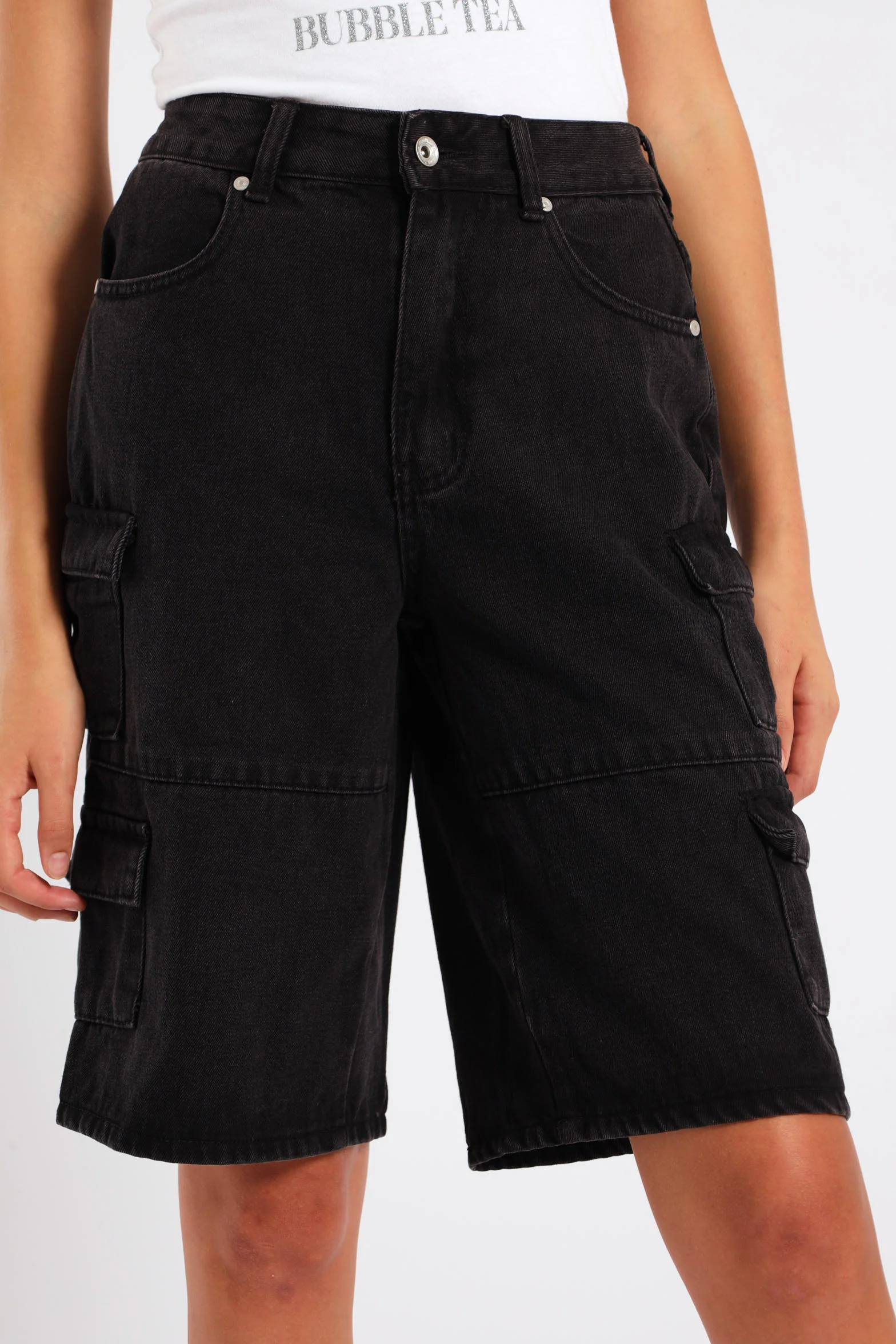 Girls Cargo Denim Jorts - Black - Image 2