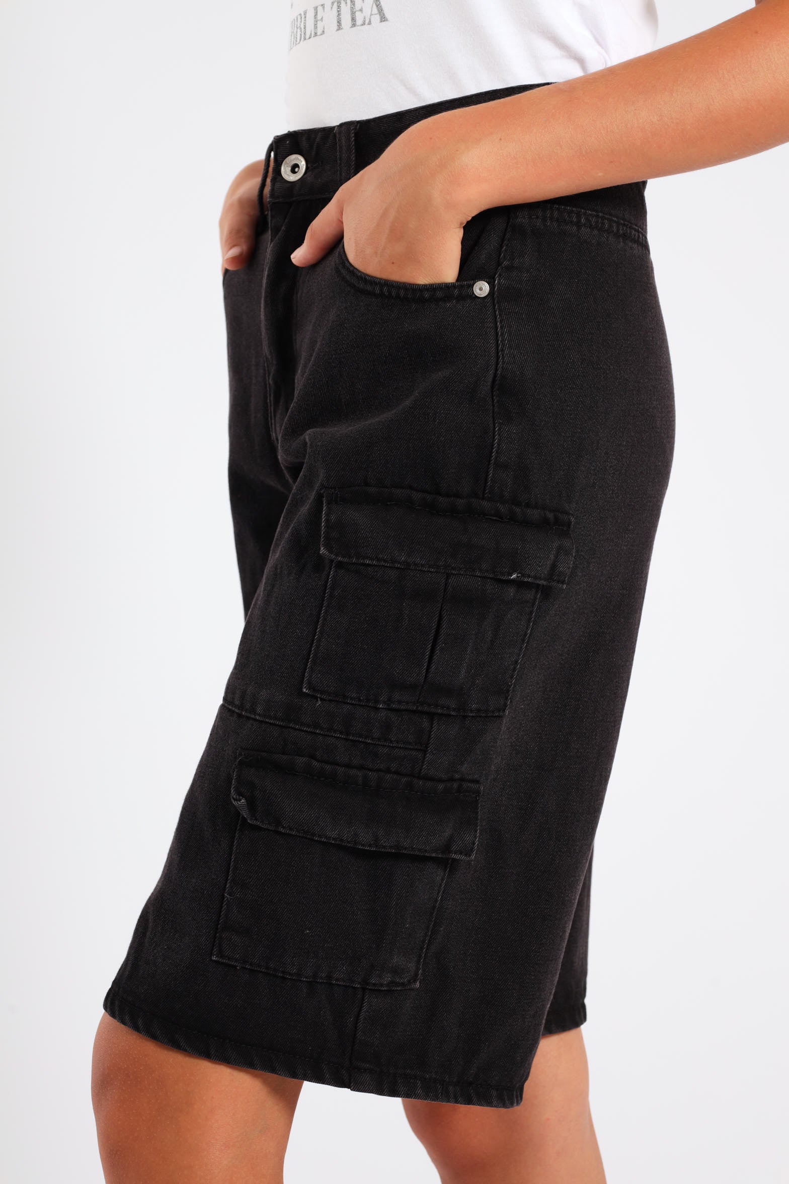 Girls Cargo Denim Jorts - Black - Image 3