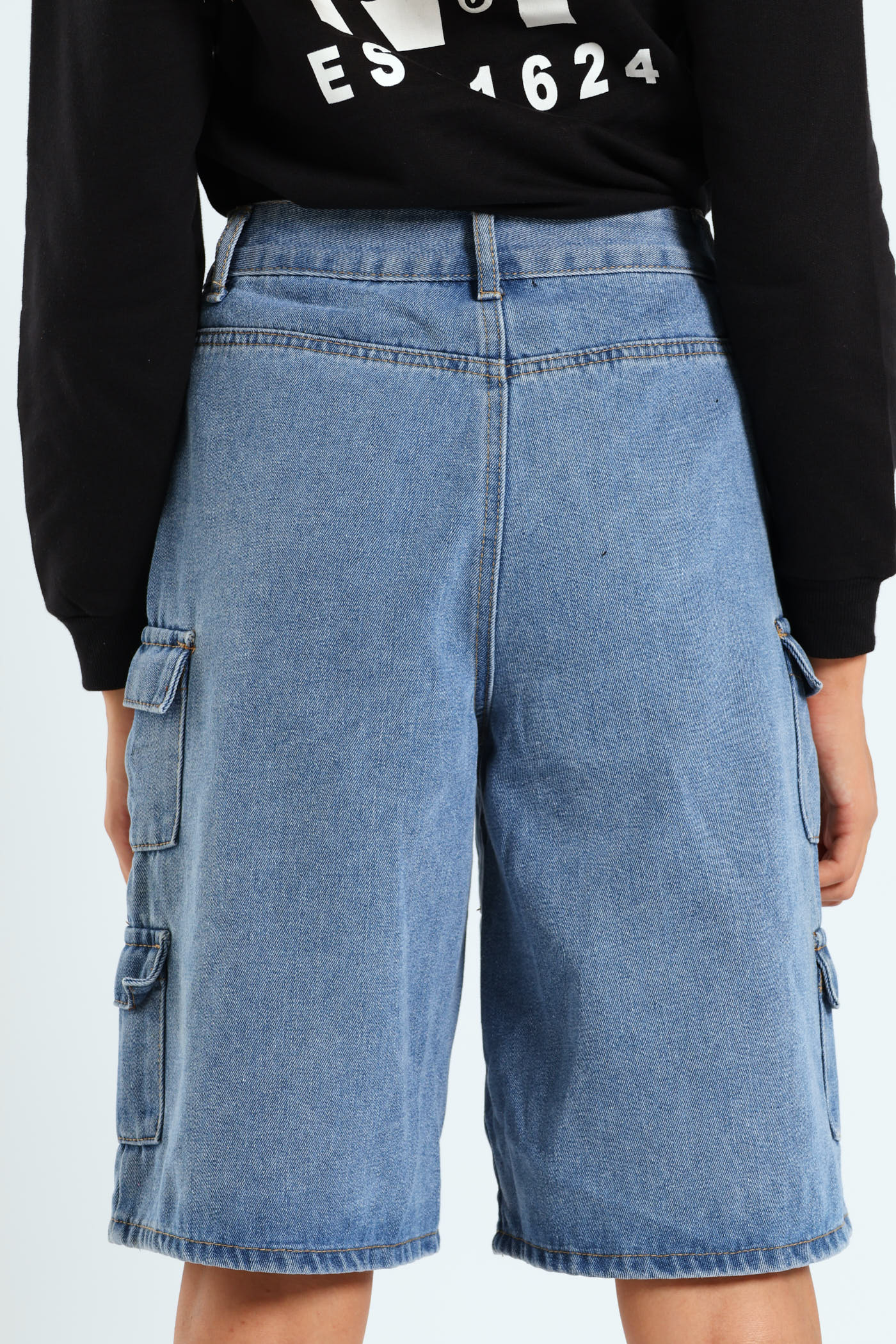 Girls Cargo Denim Jorts - Mid Blue - Image 3