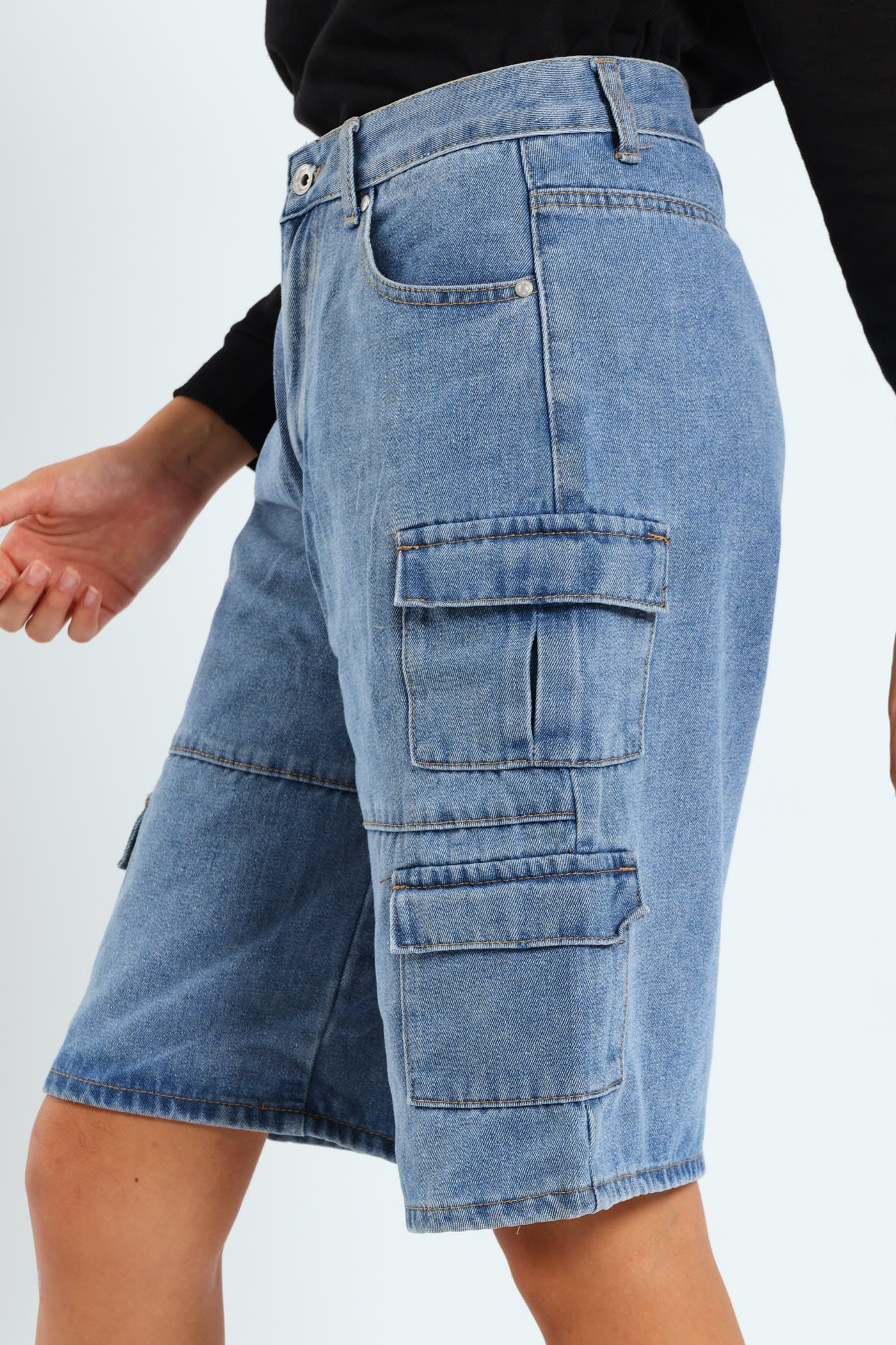 Girls Cargo Denim Jorts - Mid Blue - Image 4