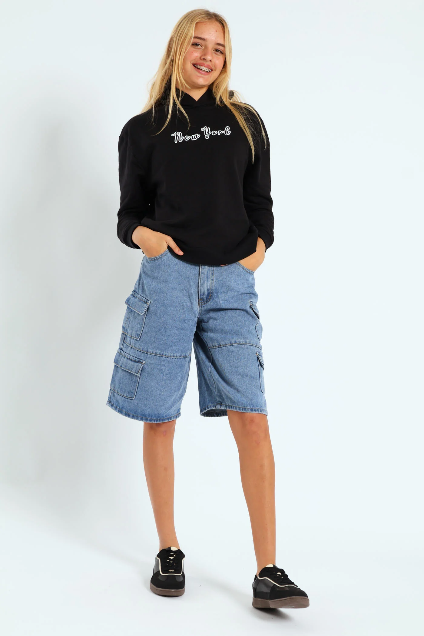 Girls Cargo Denim Jorts - Mid Blue - Image 6