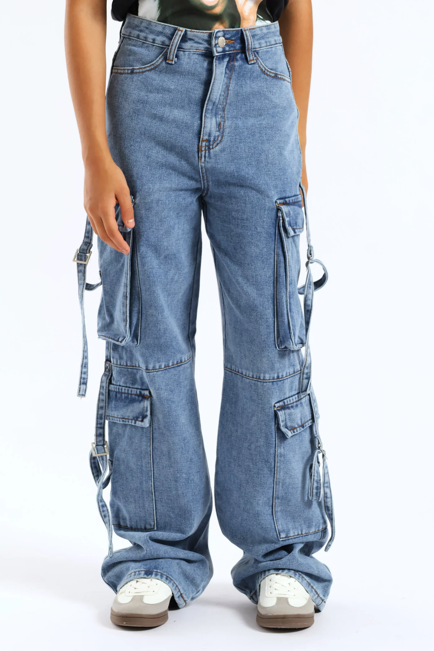 Girls Cargo Multi Denim - Mid Blue - Image 3