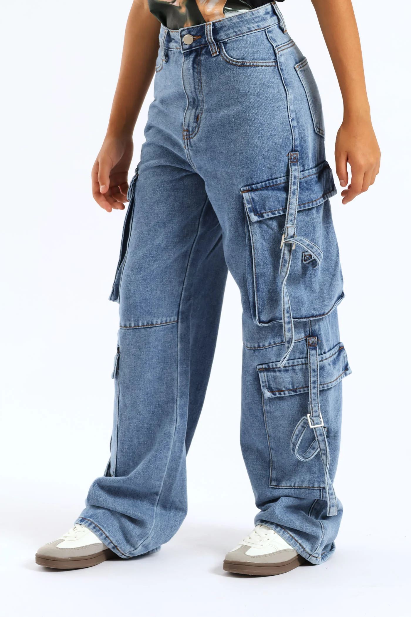Girls Cargo Multi Denim - Mid Blue - Image 4