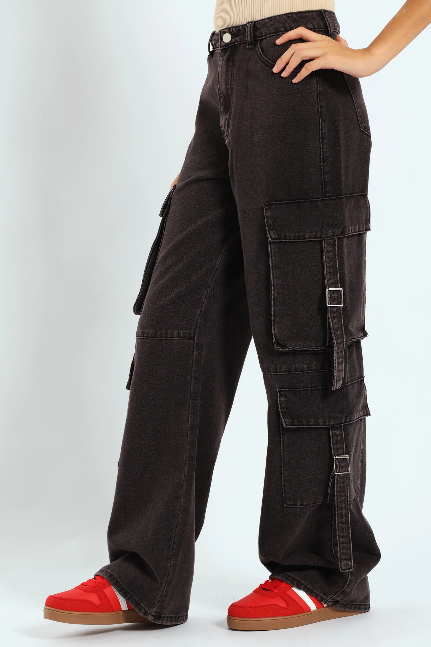 Girls Cargo Straps Denim - Charcoal - Image 4