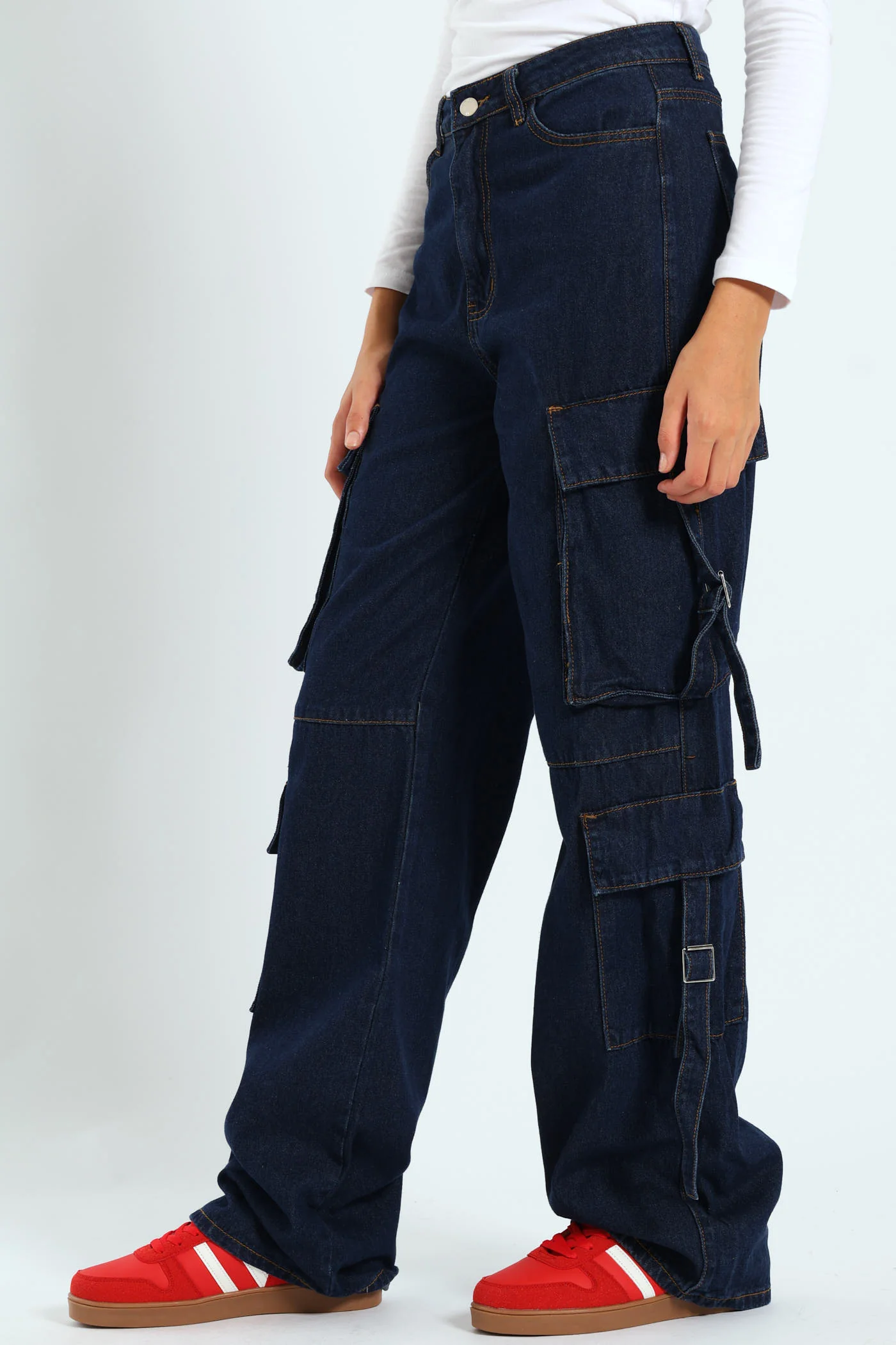 Girls Cargo Straps Raw Denim - Dark Blue - Image 3