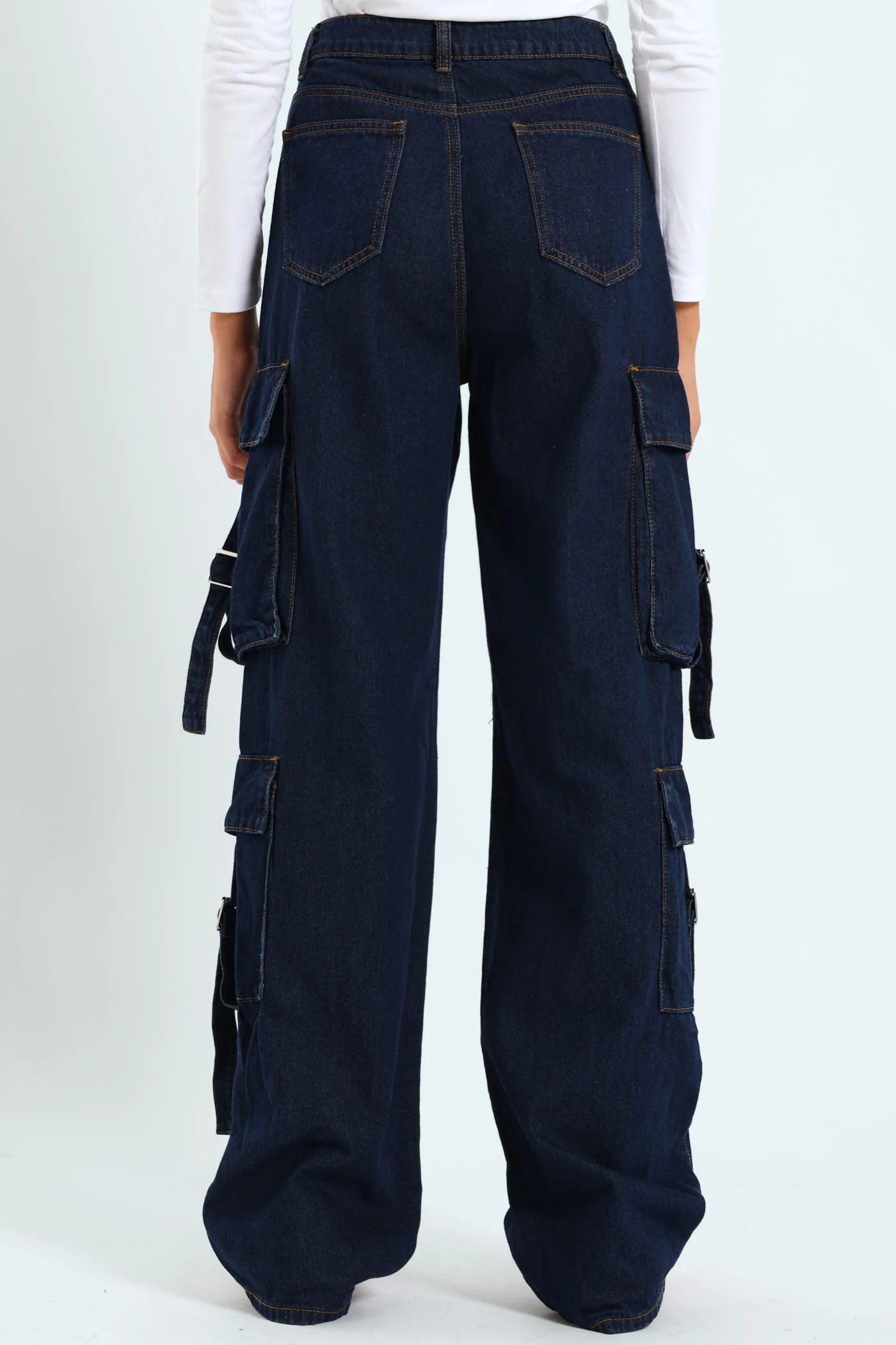 Girls Cargo Straps Raw Denim - Dark Blue - Image 5