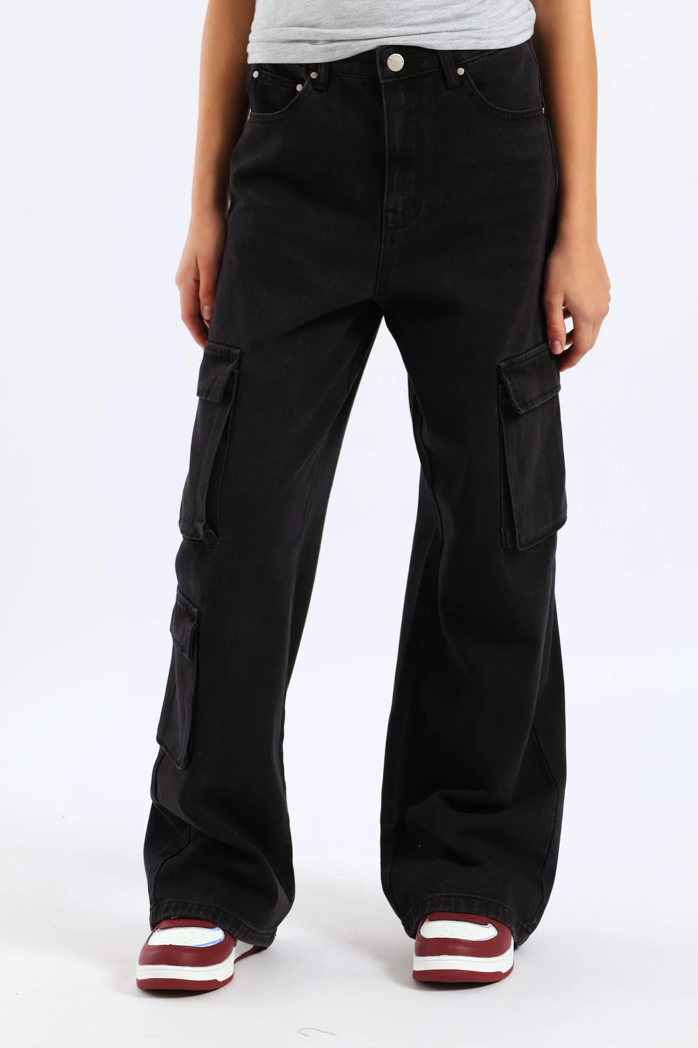 Girls Cargo Wide Leg Denim - Charcoal - Image 2