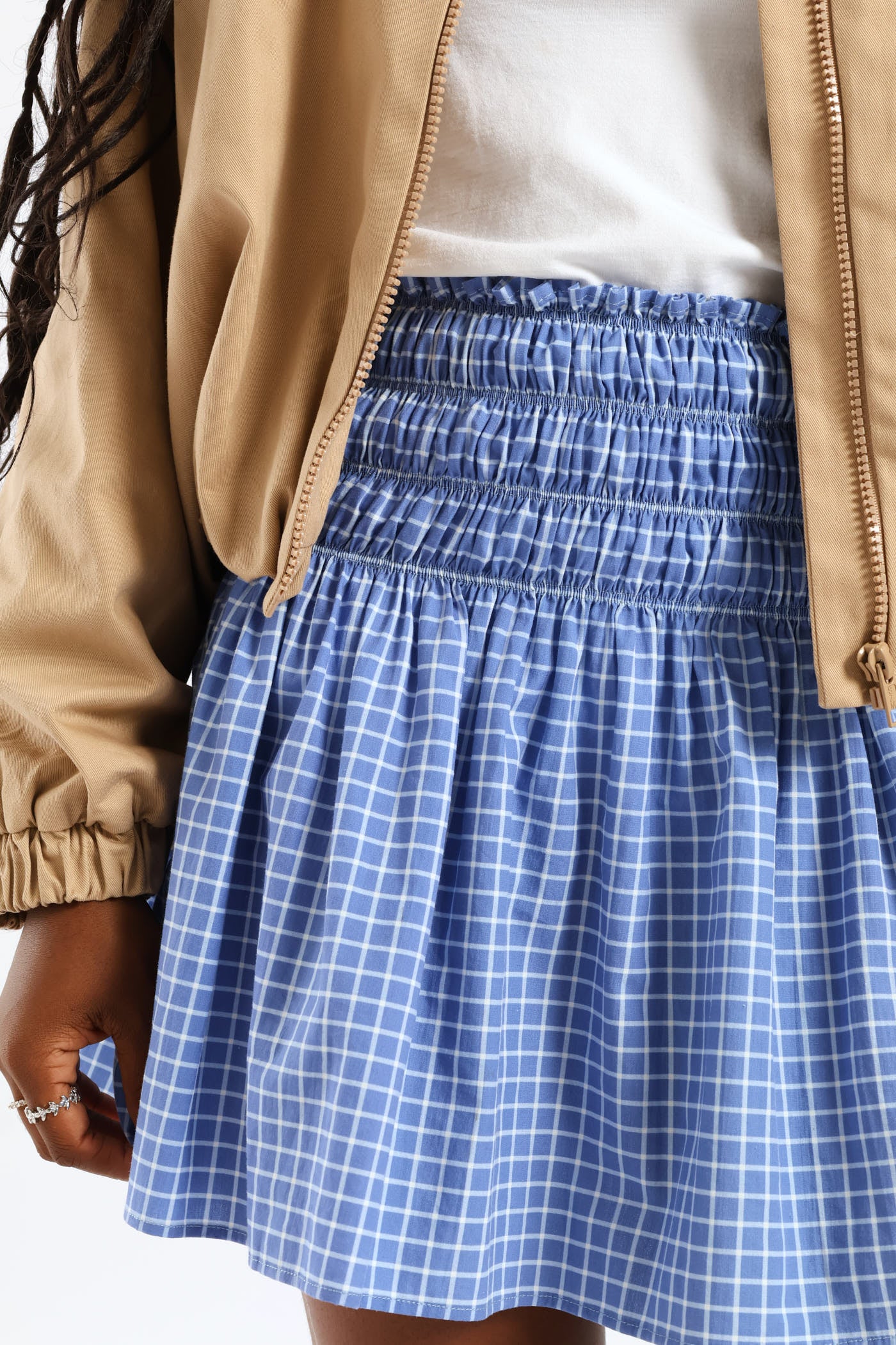 Girls Checked Shirred Flare Skirt - Cream/Blue - Image 2