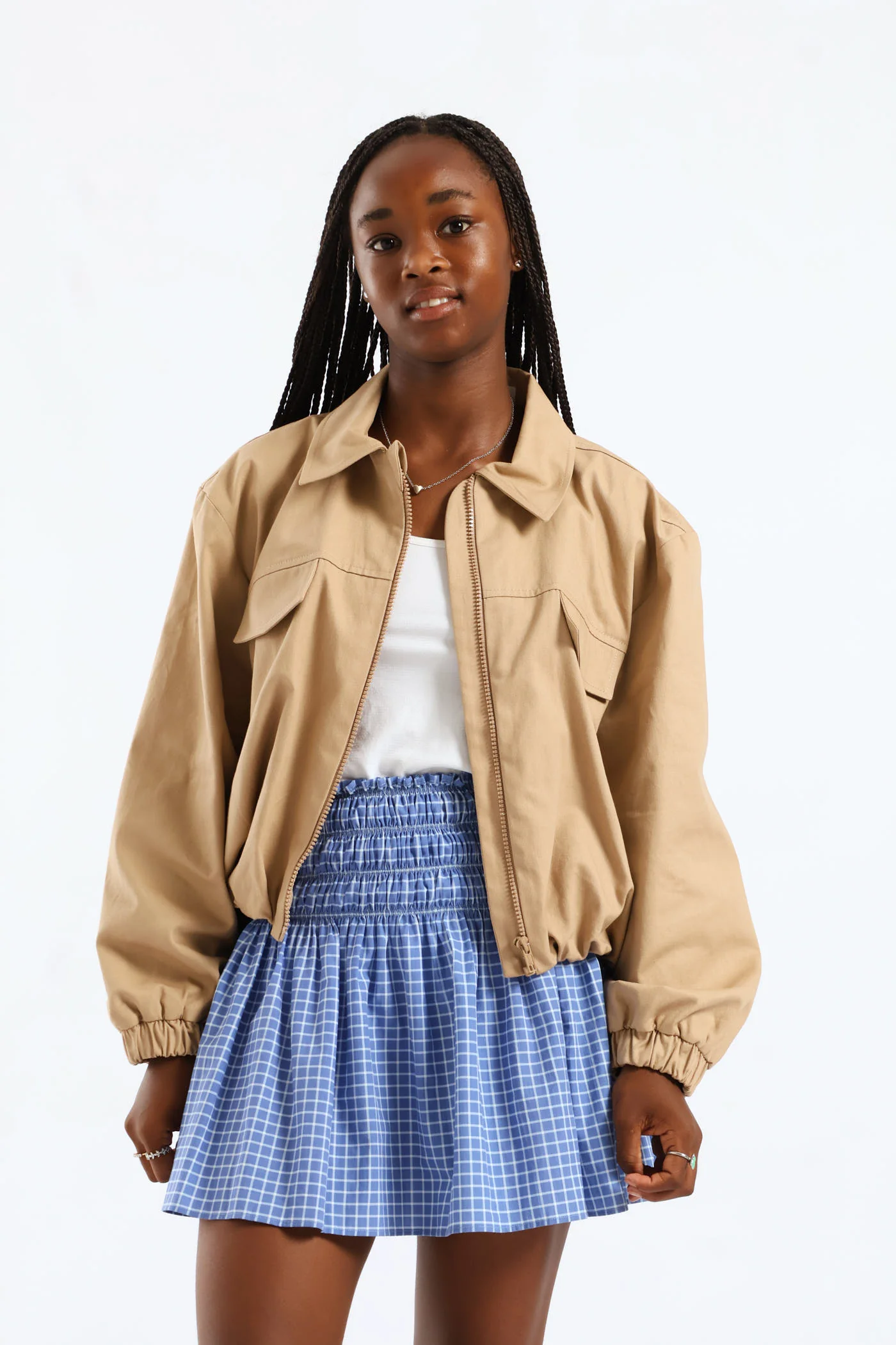 Girls Checked Shirred Flare Skirt - Cream/Blue - Image 3